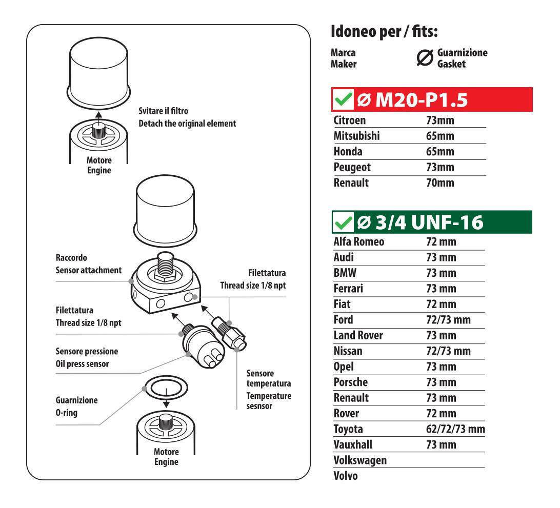 Raccordo filtri olio 77 mm per innesto 3 sensori - M20-P1.5 + 3/4-16 UNF - immagine 2