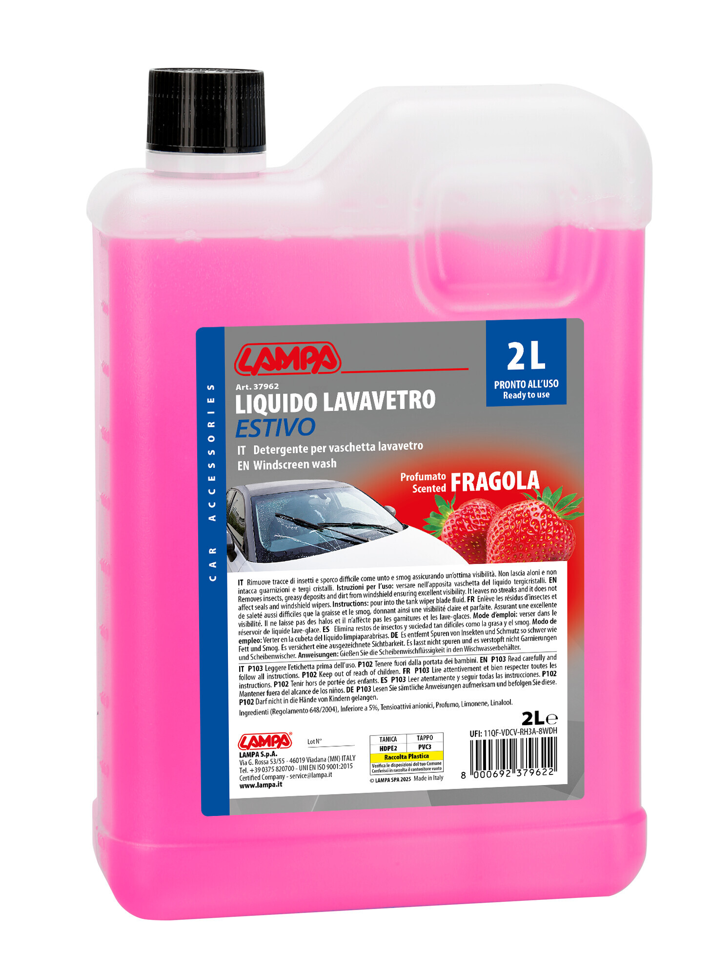 Liquido lavavetro estivo profumato, pronto all'uso - Fragola - 2000 ml