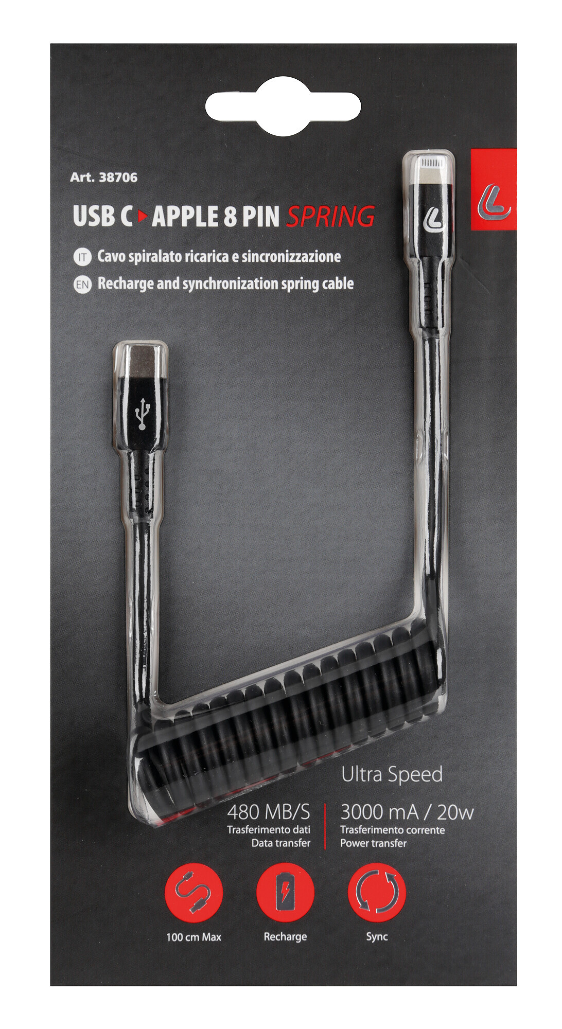 Cavo a spirale Usb Type-C > Apple 8 Pin - 100 cm - Nero - immagine 3