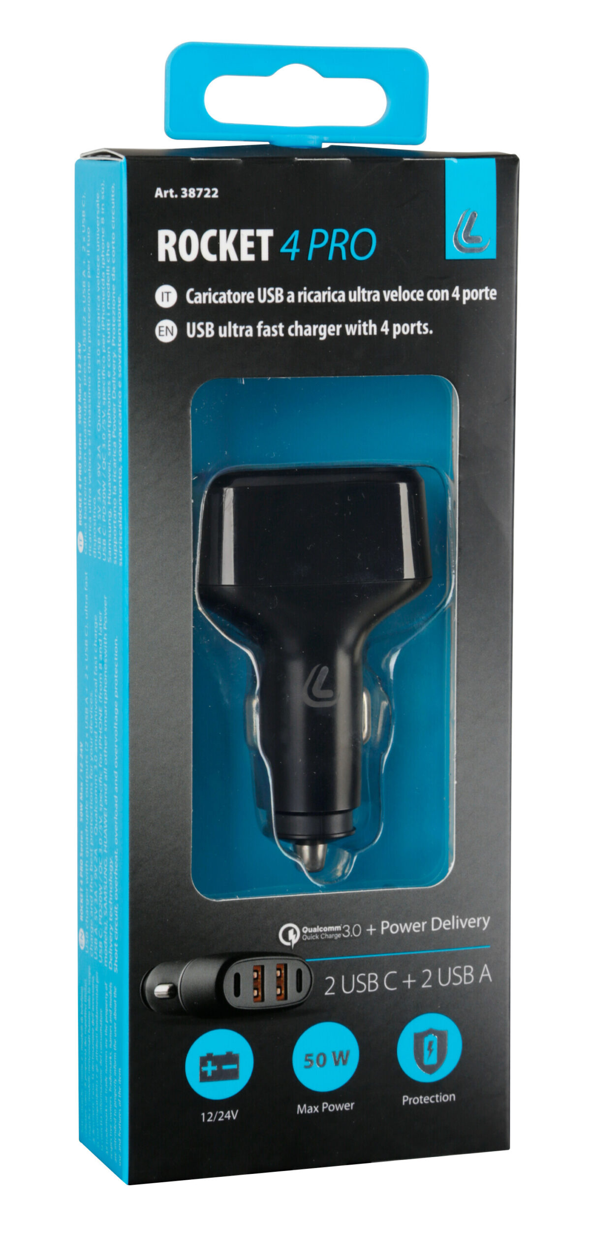 Rocket 4 Pro, caricabatteria 4 porte Usb - PD / QC 3.0 - 50W - 12/24V - immagine 6