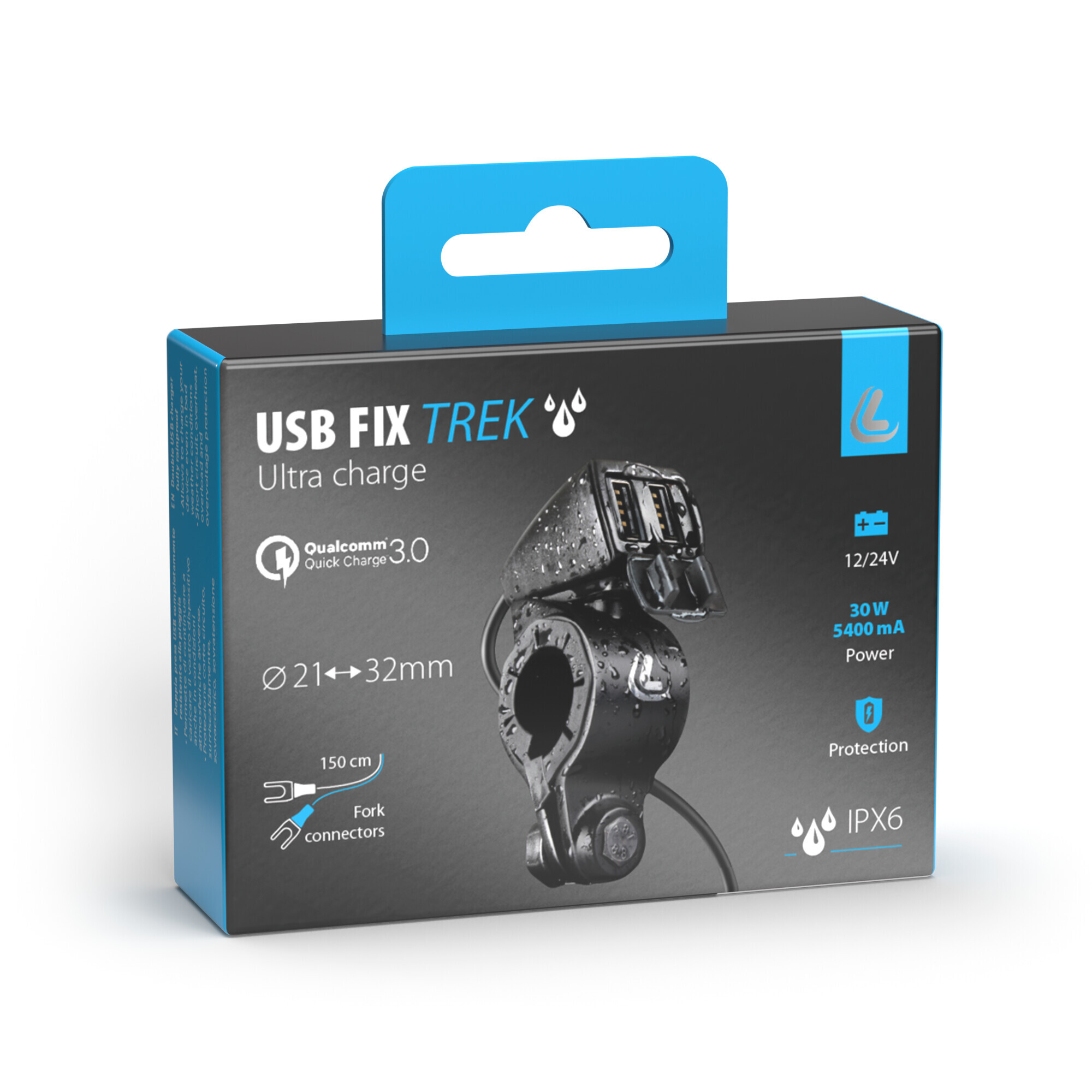 Usb-Fix Trek, doppio caricatore usb resistente all’acqua, fissaggio a manubrio - Ultra Fast Charge - 5400 mA - 12/24V - immagine 10
