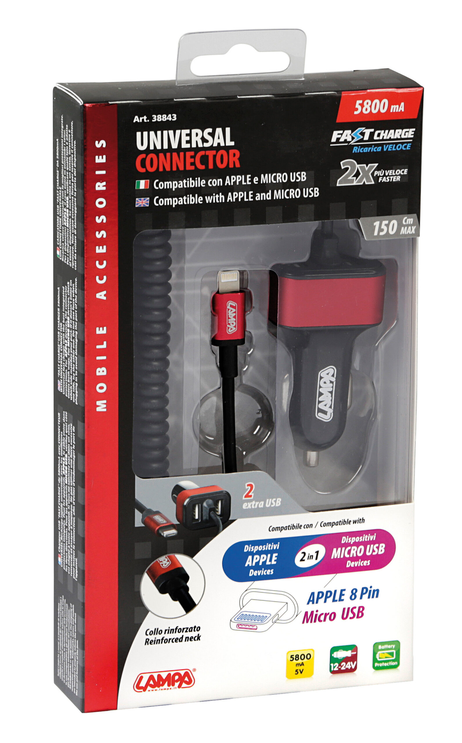 Caricabatteria Universal (Apple 8 pin / Micro Usb) con 2 porte Usb - Fast Charge - 5800 mA - 12/24V - immagine 3