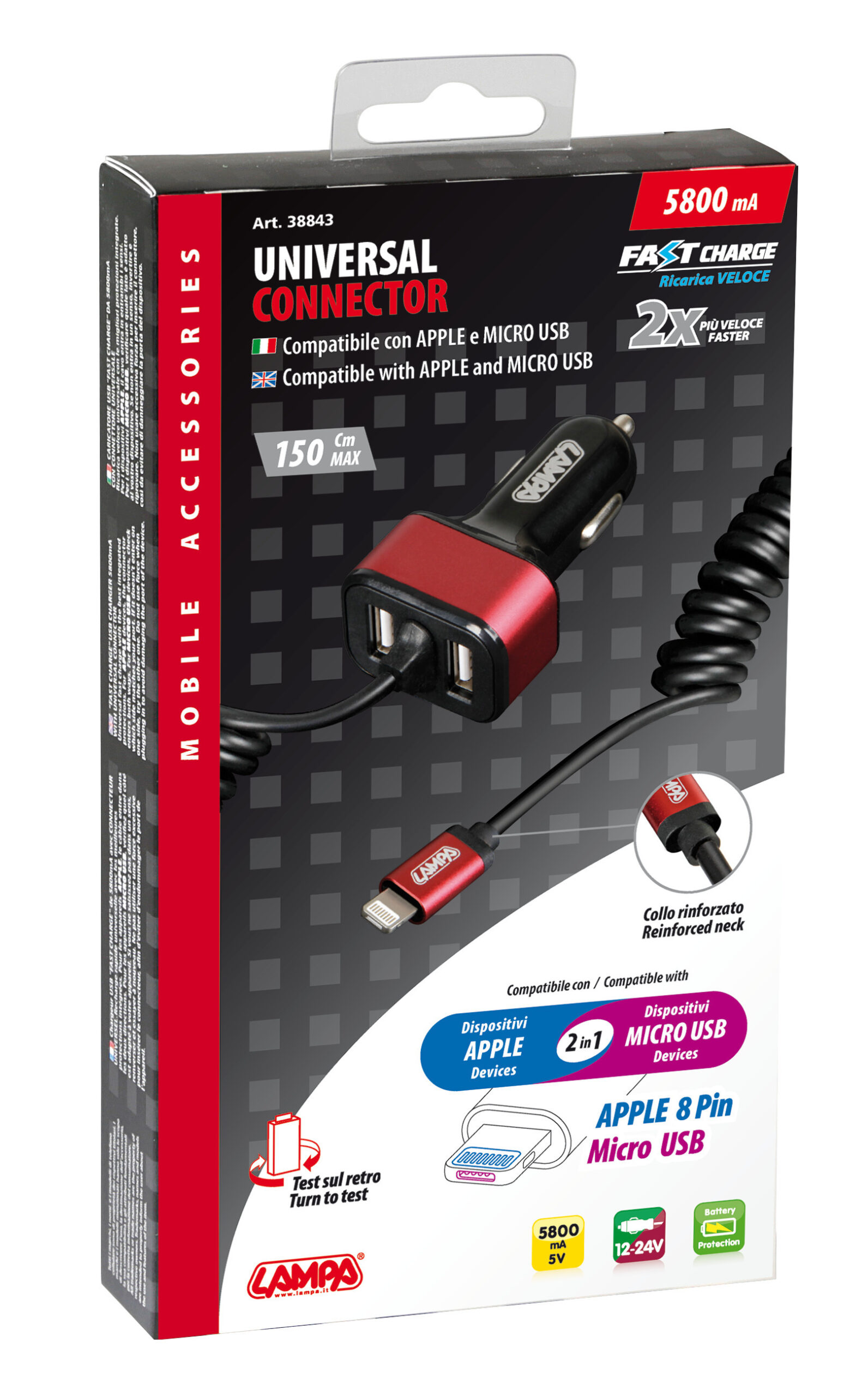 Caricabatteria Universal (Apple 8 pin / Micro Usb) con 2 porte Usb - Fast Charge - 5800 mA - 12/24V - immagine 4