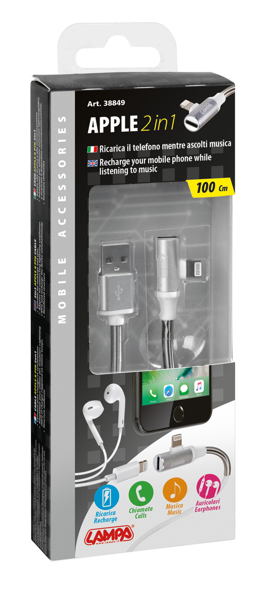 Cavo 90° Usb > Apple 8 Pin + adattatore auricolari - 100 cm - Bianco - immagine 4