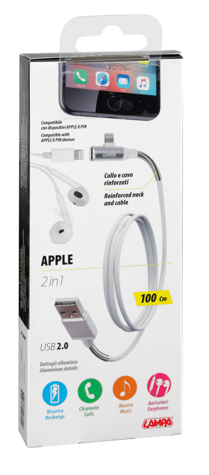 Cavo 90° Usb > Apple 8 Pin + adattatore auricolari - 100 cm - Bianco - immagine 5