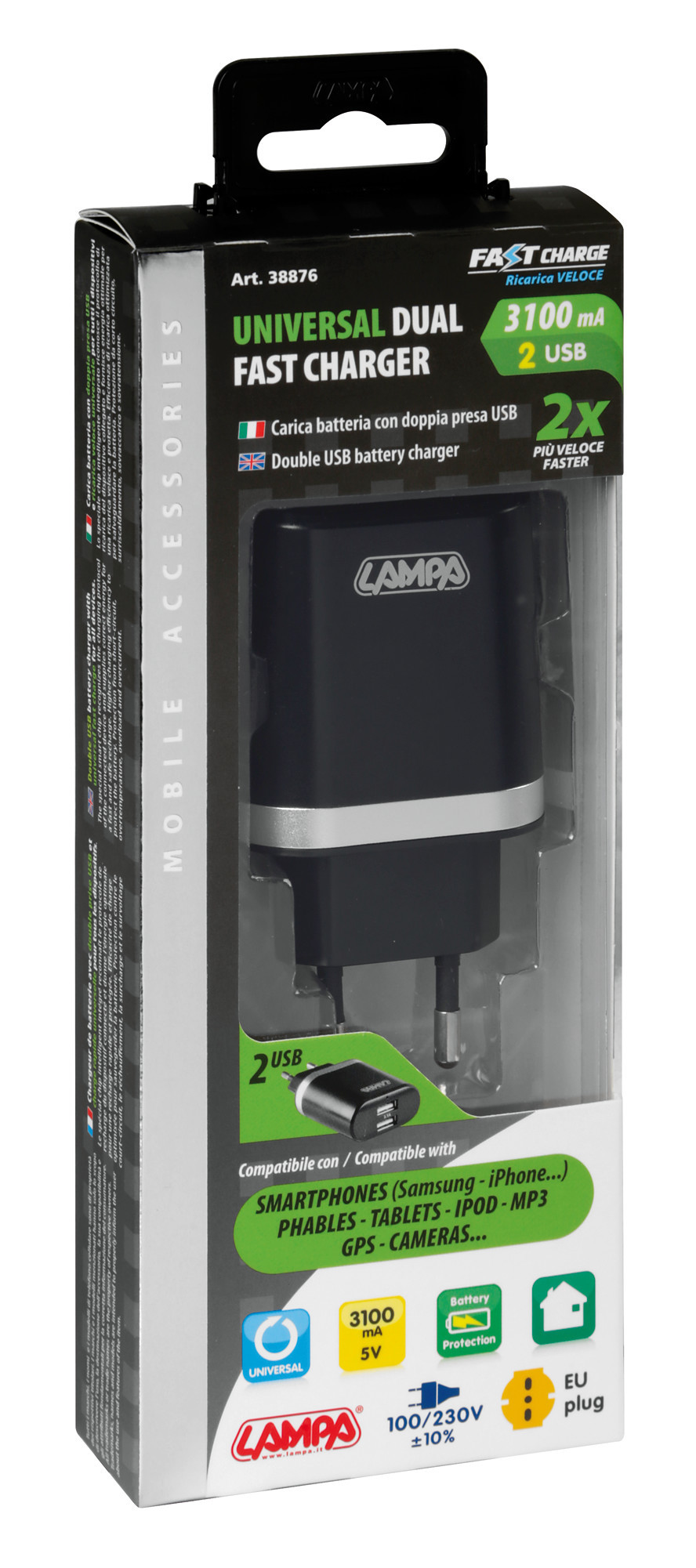 Caricabatteria da rete con 2 porte Usb - Fast Charge - 3100 mA - 100/230V - immagine 3