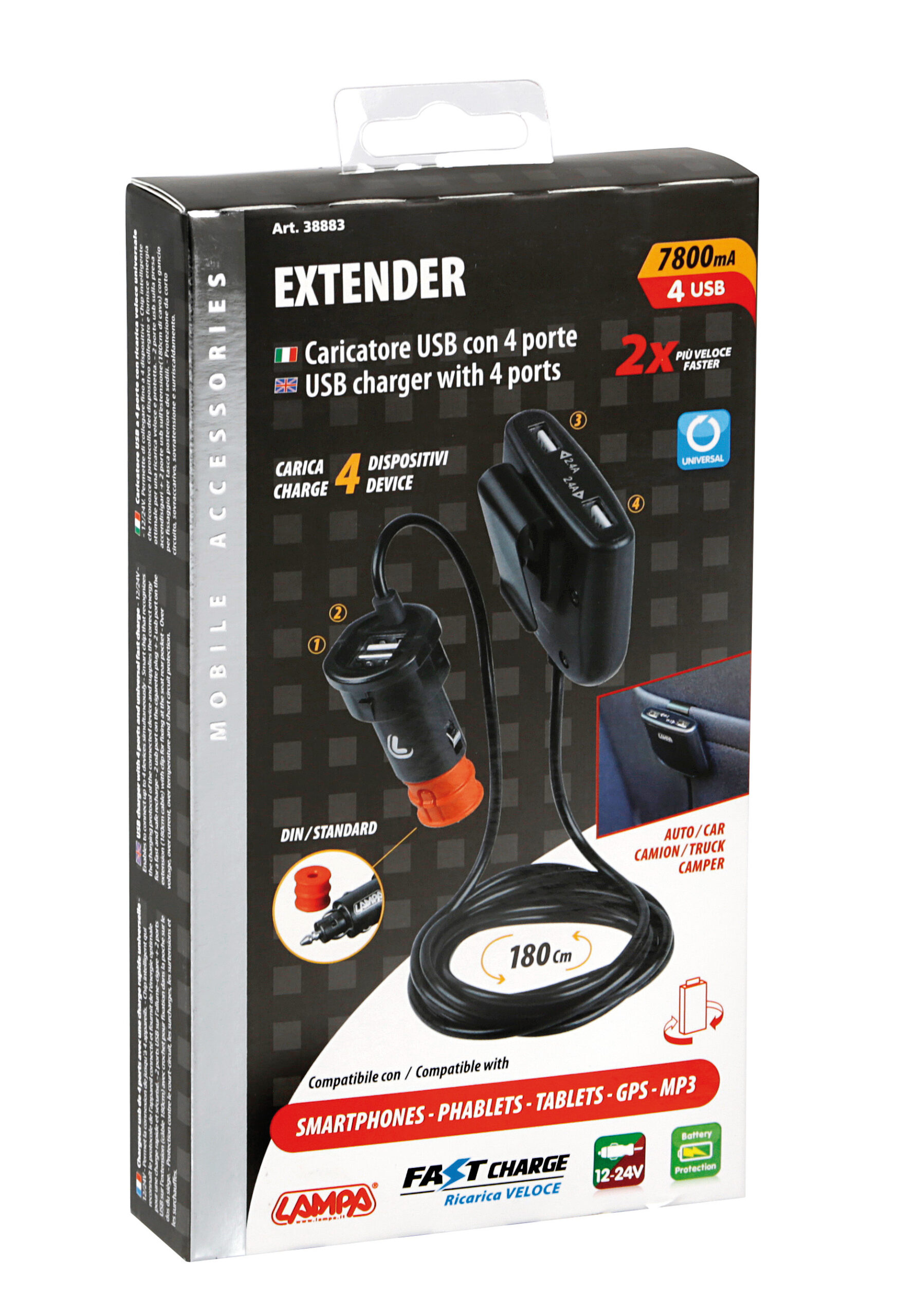 Caricabatteria 4 porte Usb con prolunga - Fast Charge - 7800 mA - 12/24V - immagine 6