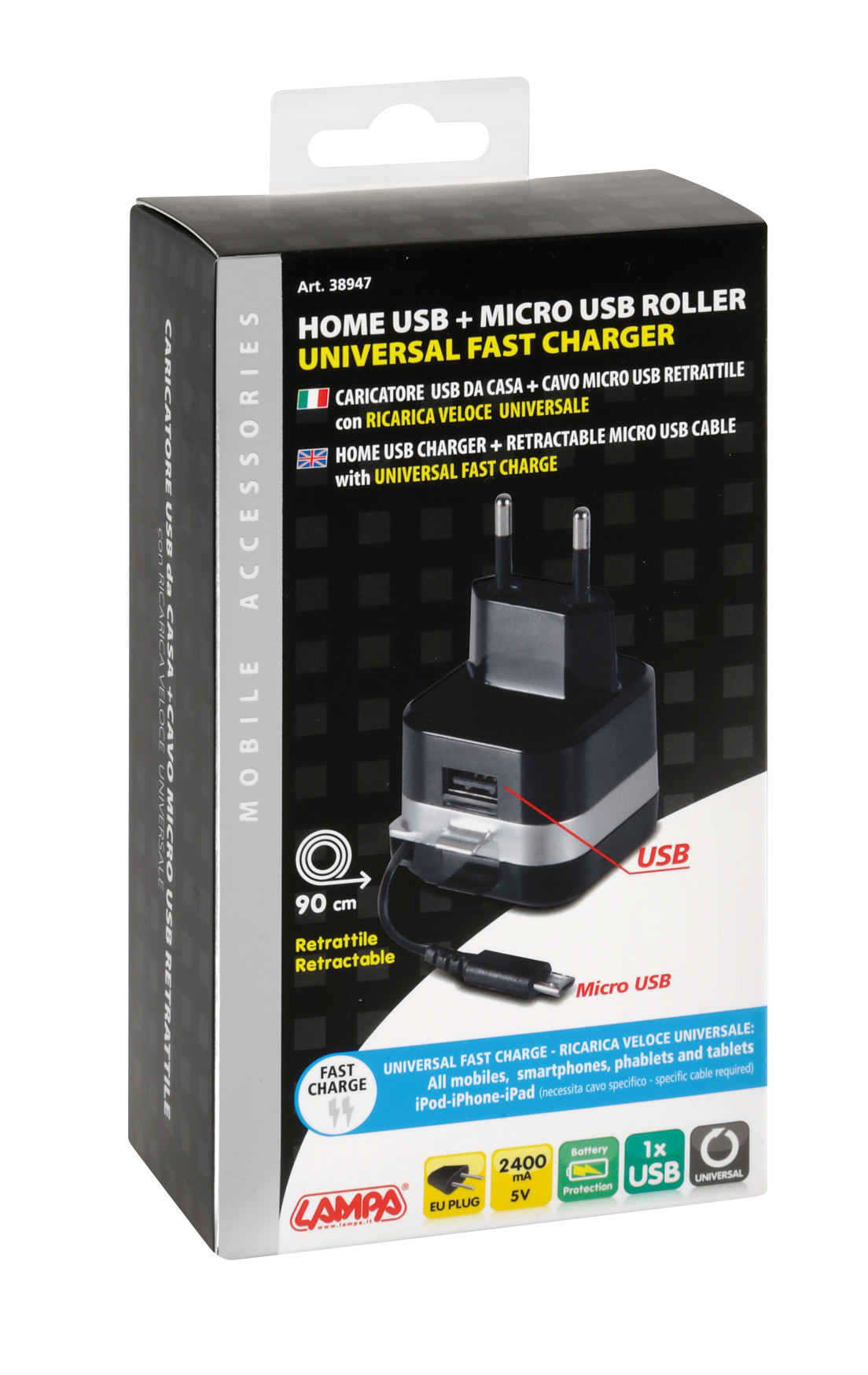 Caricabatteria da rete Micro Usb con 1 porta Usb - Fast Charge - 2400 mA - 100/230V - immagine 7