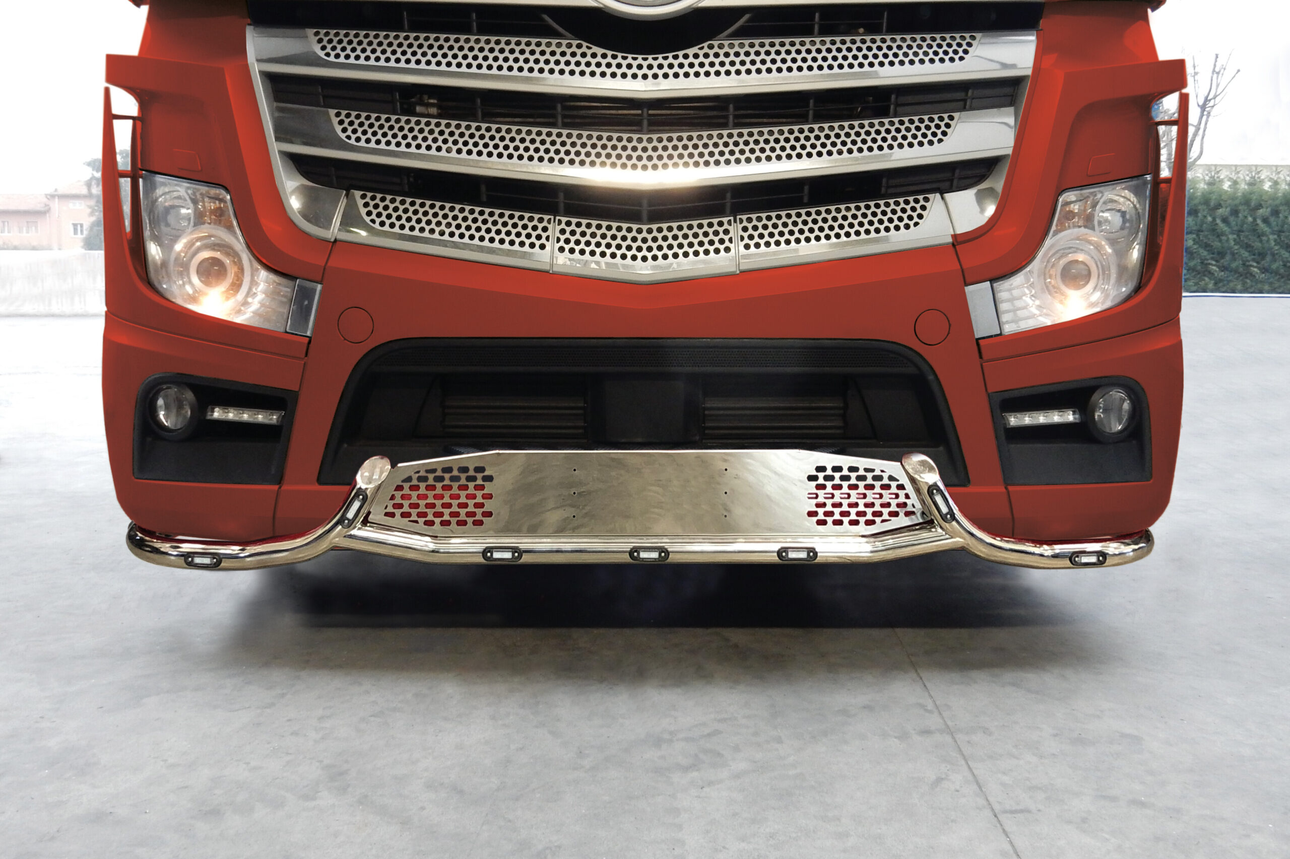 Barra paraurti con portatarga, stile H, 11 fori - compatibile per Mercedes Actros MP4 (09/11>09/19) Sospensioni aria - Mercedes Actros MP5 (10/19>) Sospensioni aria - Mercedes Actros MP5 L (11/21>) Sospensioni aria - immagine 2