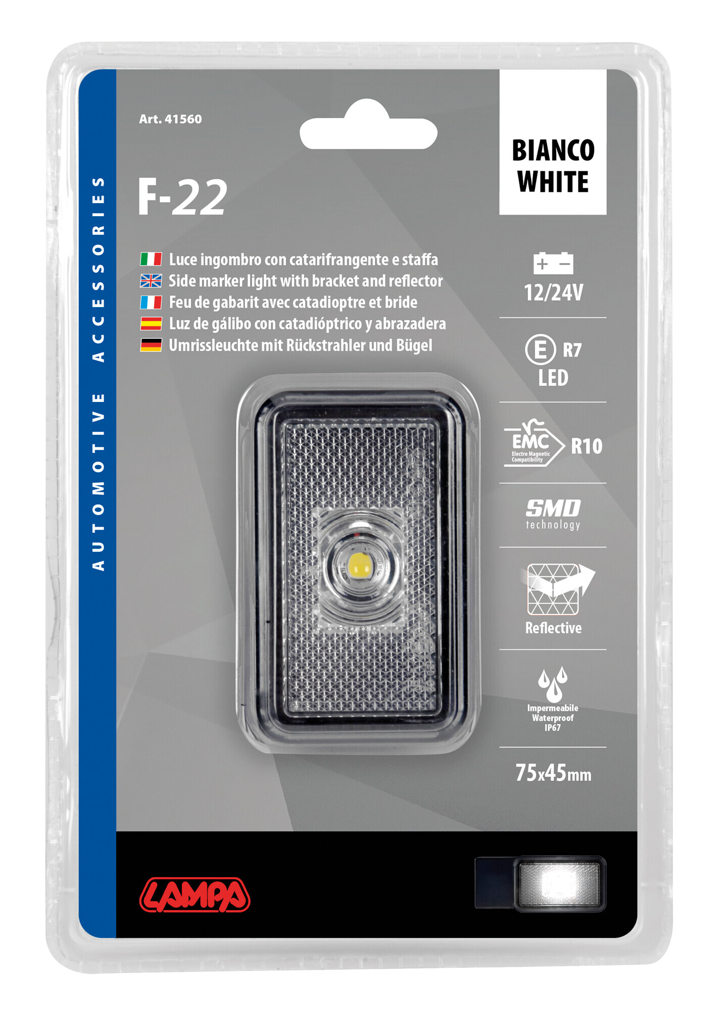 Luce ingombro con catarifrangente e staffa - 1 Led - 12/24V - Bianco - immagine 6