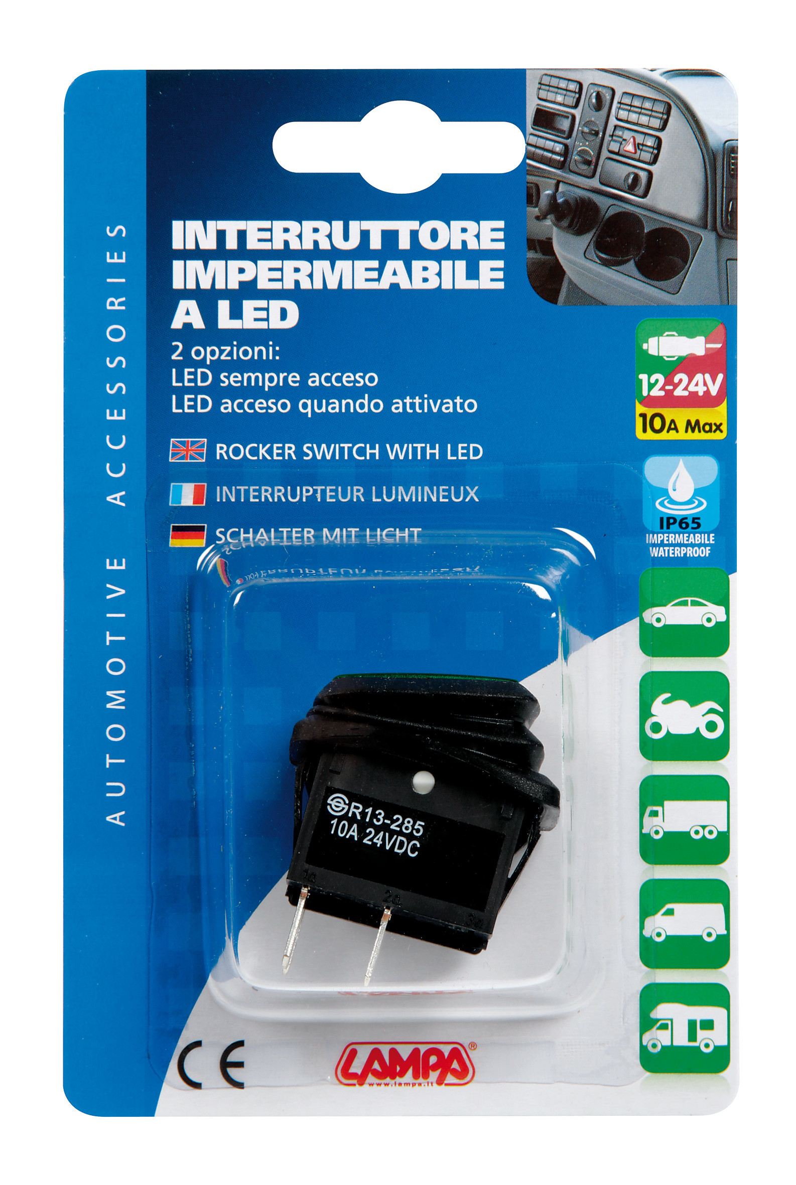 Interruttore impermeabile con spia a Led - 12/24V - Verde - immagine 3
