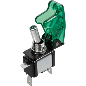 Interruttore a leva con sicura, in alluminio con spia a Led - 12/24V - Verde - 20A