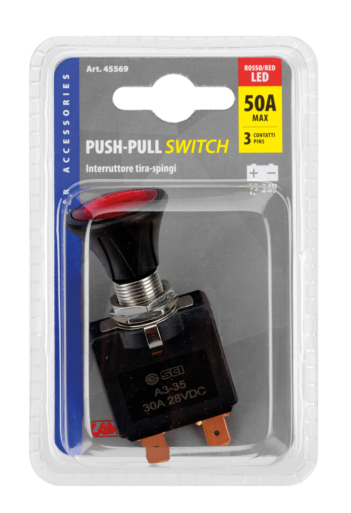 Interruttore tira-spingi con spia a Led - 12/24V - 50A - immagine 3