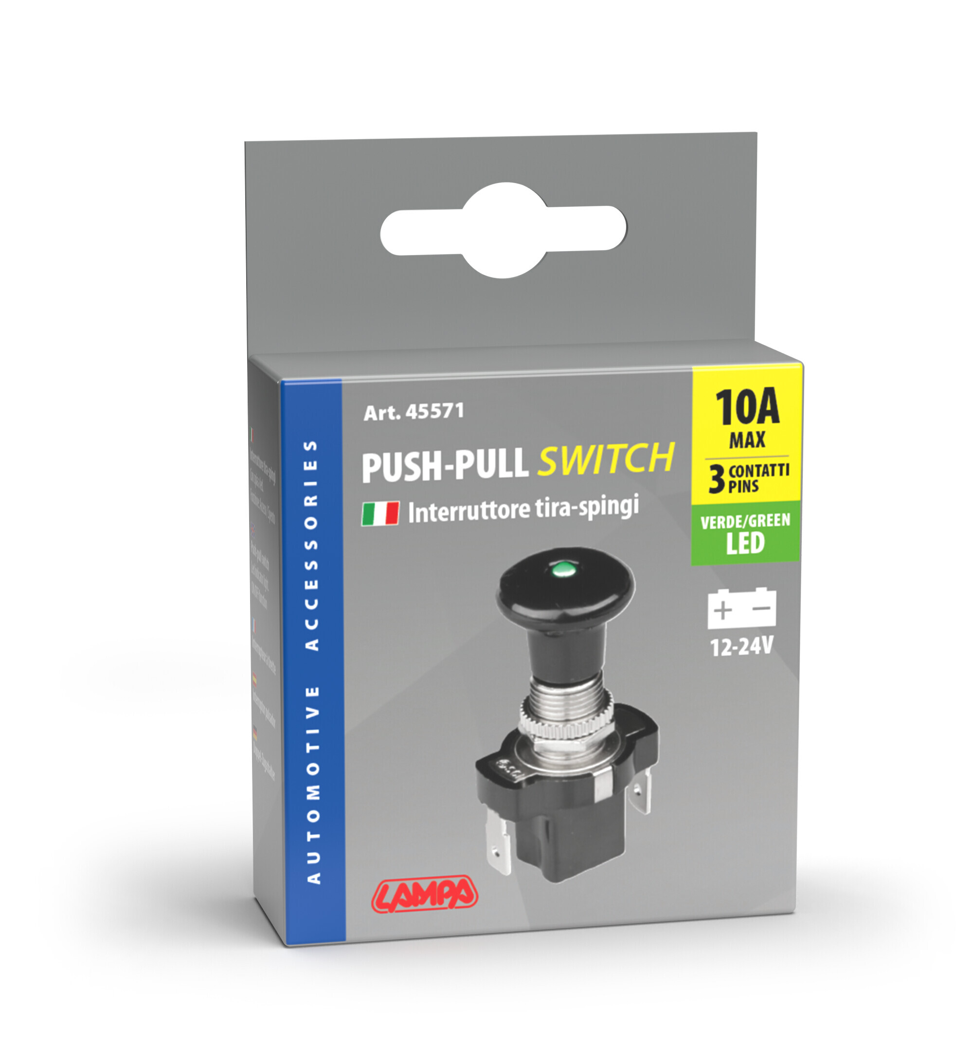 Interruttore tira-spingi con spia a Led - 12/24V - Verde - 10A - immagine 3
