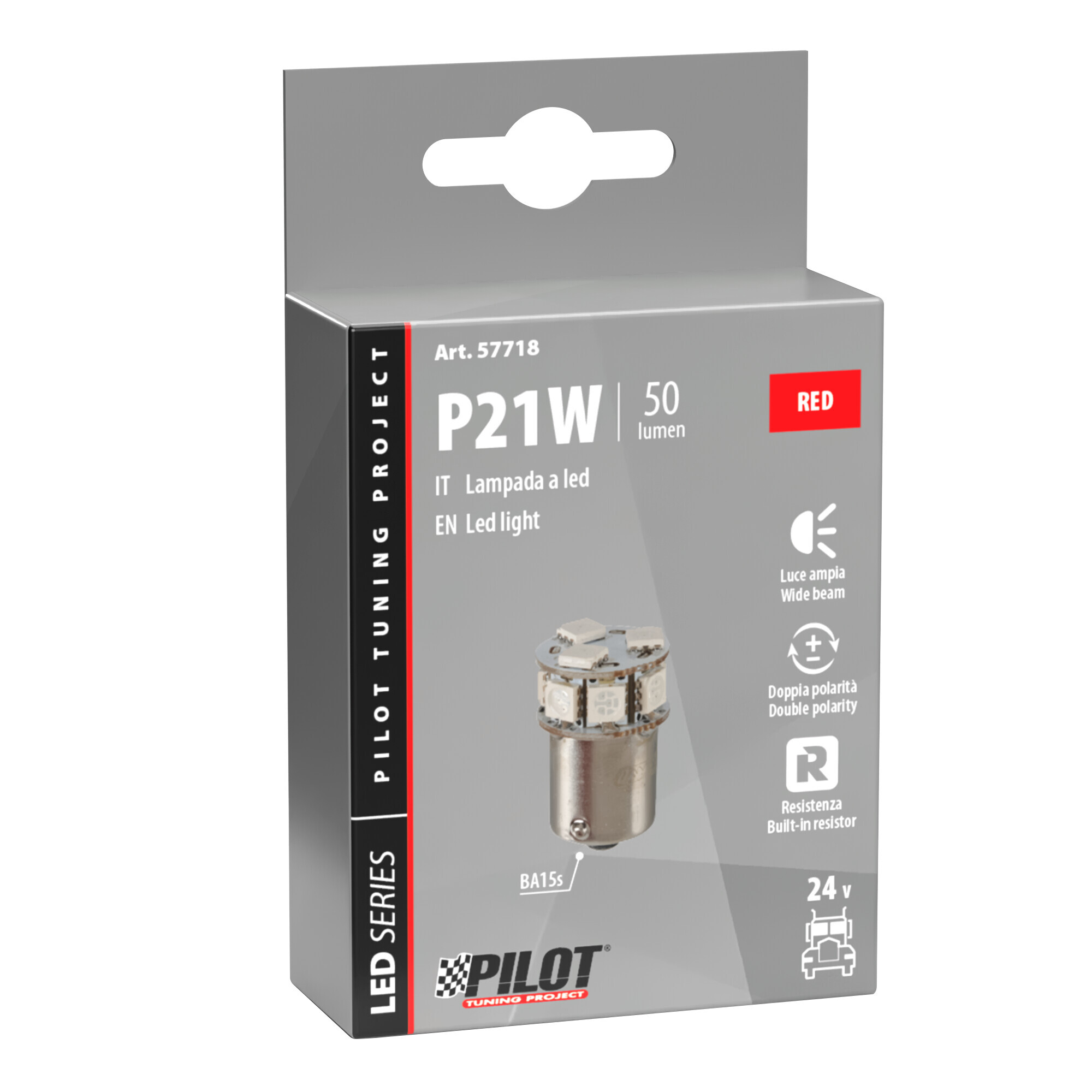 24/32V Led series - 10 SMD x 1 chip - (P21W) - BA15s - 1 pz - Scatola - Rosso - Doppia polarità - Resistenza incorporata - immagine 2