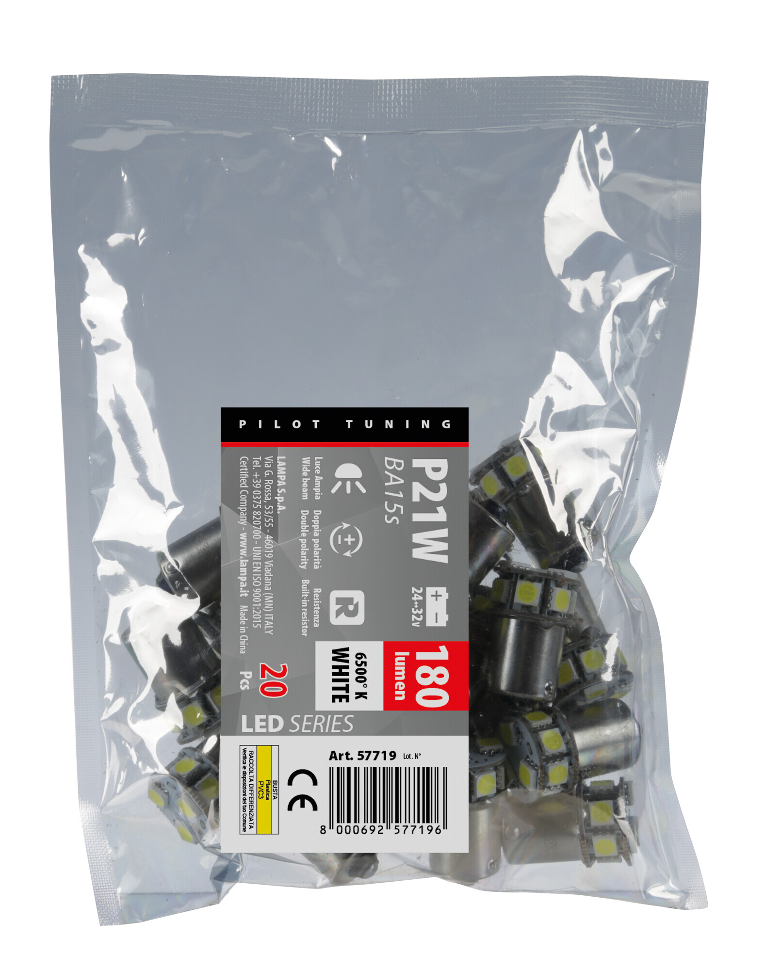 24/32V Led series - 10 SMD x 1 chip - (P21W) - BA15s - 20 pz - Busta - Bianco - Doppia polarità - Resistenza incorporata - immagine 2