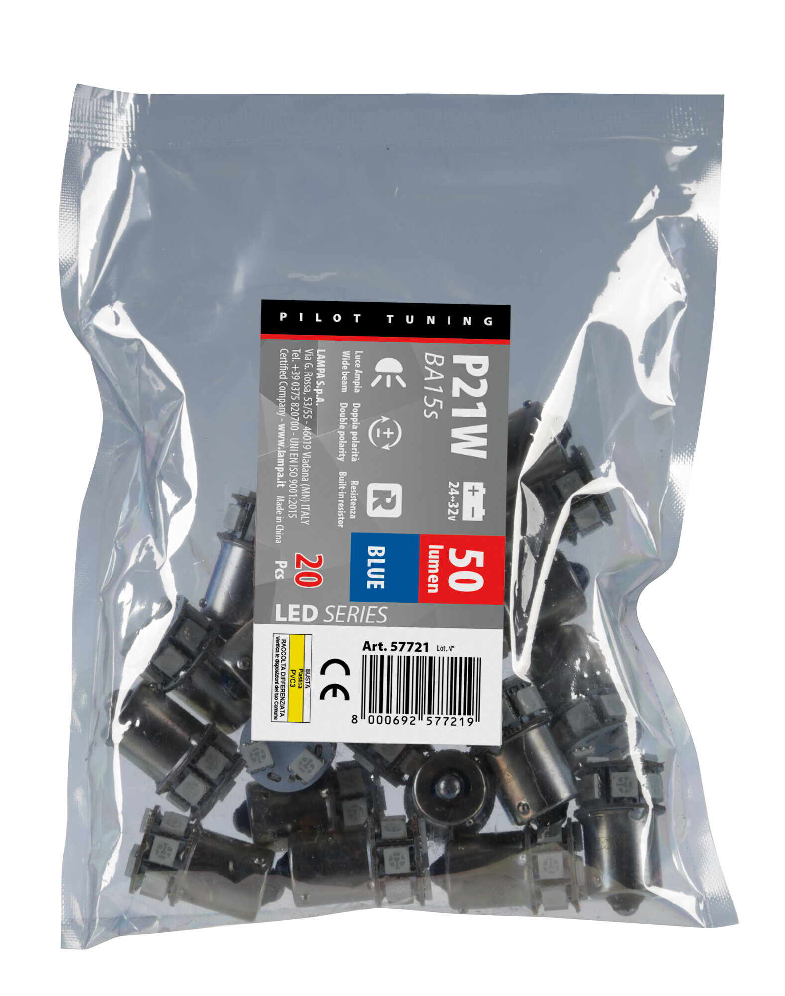 24/32V Led series - 10 SMD x 1 chip - (P21W) - BA15s - 20 pz - Scatola - Blu - Doppia polarità - Resistenza incorporata - immagine 2