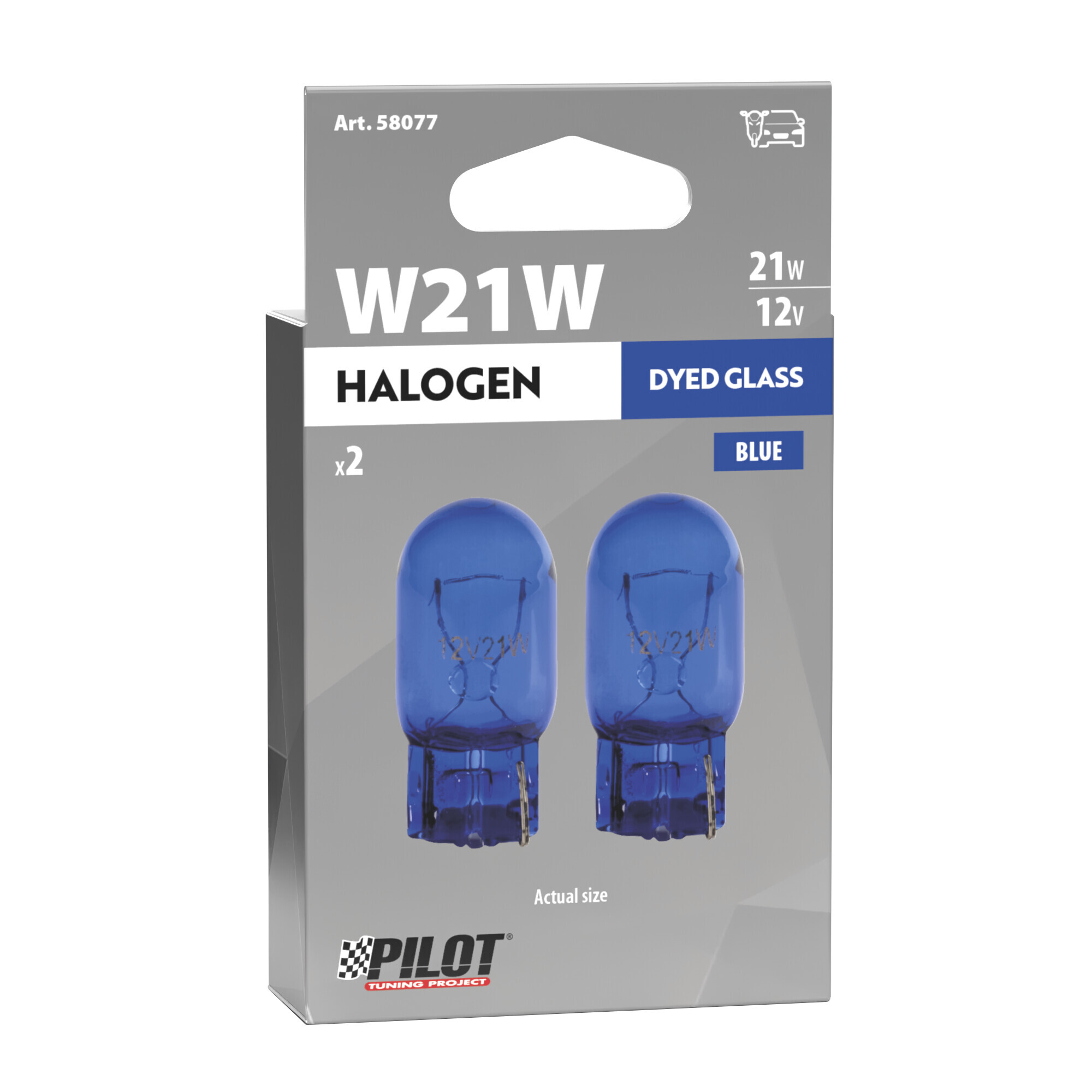 12V Blue Dyed Glass, Lampada zoccolo vetro - (W21W) - 21W - W3x16d - 2 pz - Scatola - immagine 2