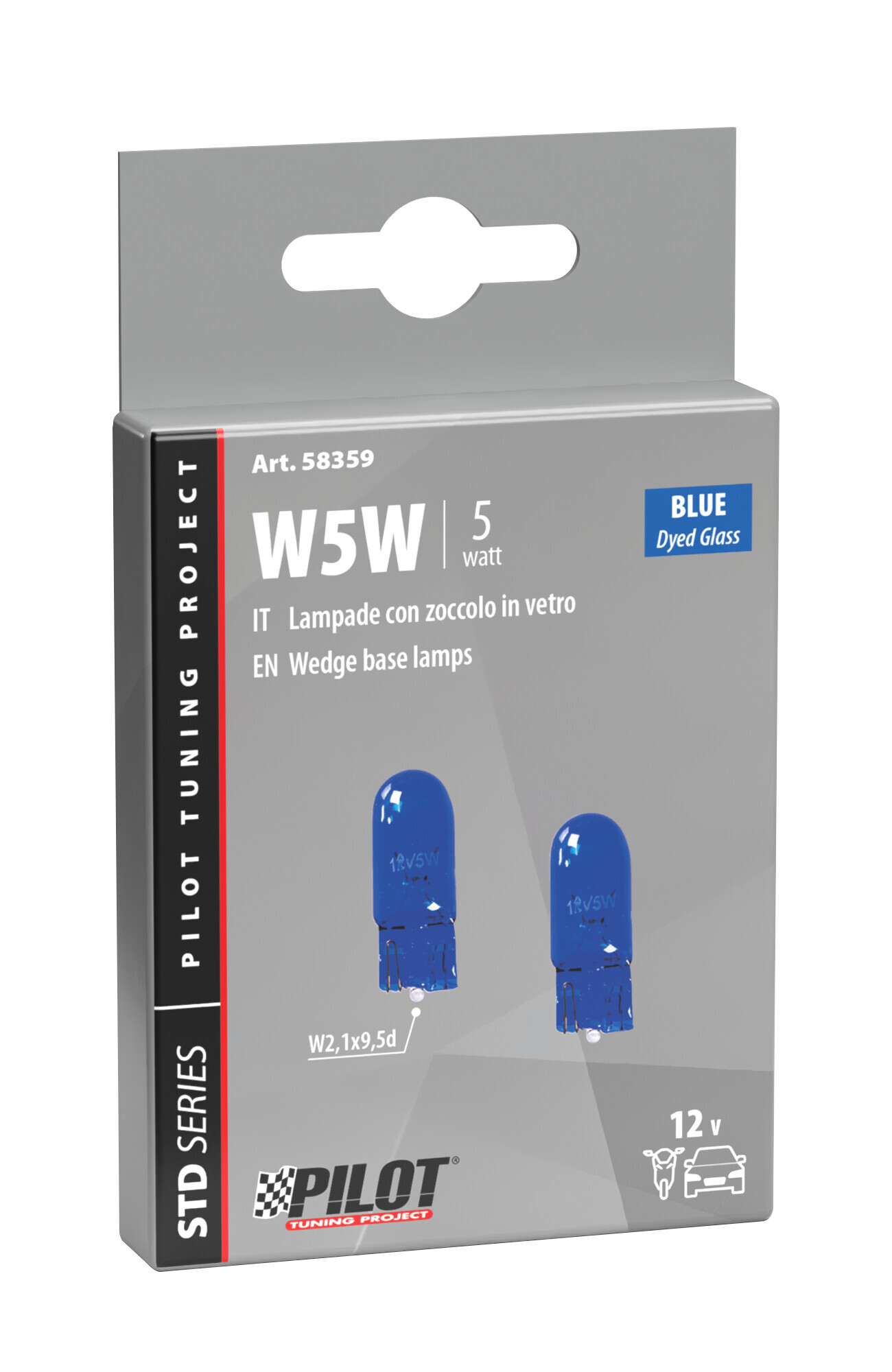 12V Blue Dyed Glass, Lampada zoccolo vetro - (W5W) - 5W - W2,1x9,5d - 2 pz - Scatola - immagine 4