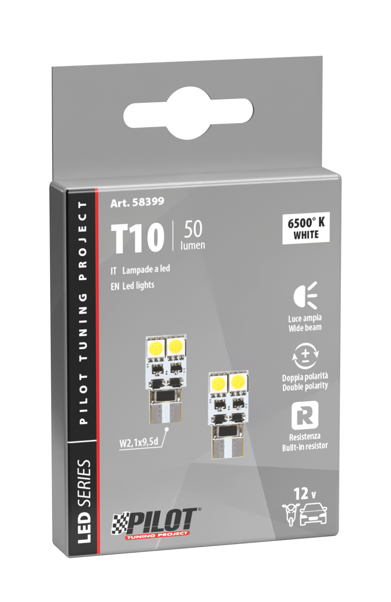 12V Hyper-Led 12 - 4 SMD x 3 chips - (T10) - Bifocus - W2,1x9,5d - 2 pz - Scatola - Bianco - Doppia polarità - Resistenza incorporata - immagine 4