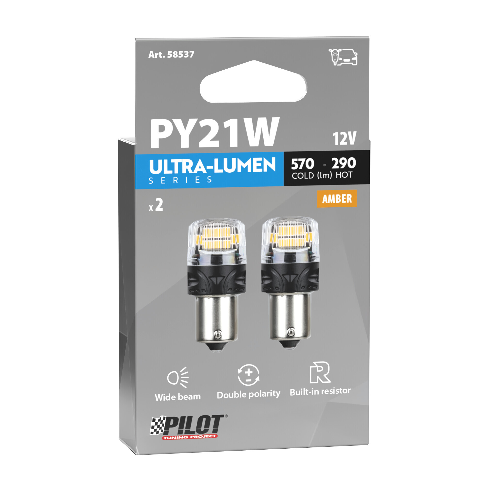 12V Ultra-Lumen Series - (PY21W) - BAU15s - 2 pz - Scatola - Arancio - Doppia polarità - Resistenza incorporata - immagine 3