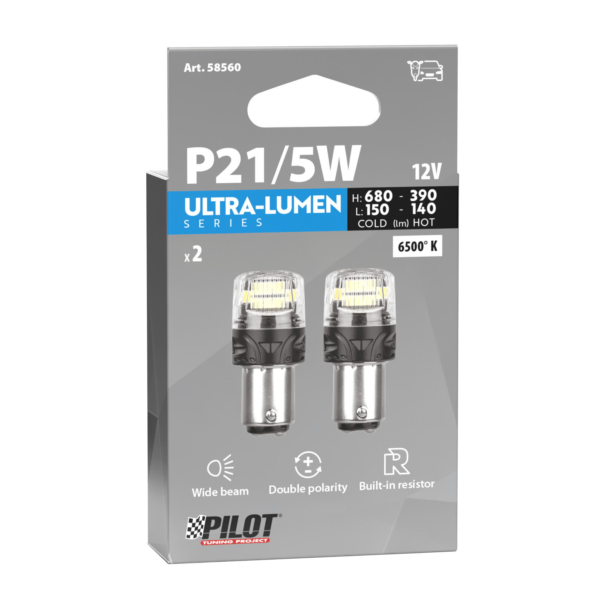 12V Ultra-Lumen Series - (P21/5W) - BAY15d - 2 pz - Scatola - Bianco - Doppia polarità - Resistenza incorporata - immagine 3