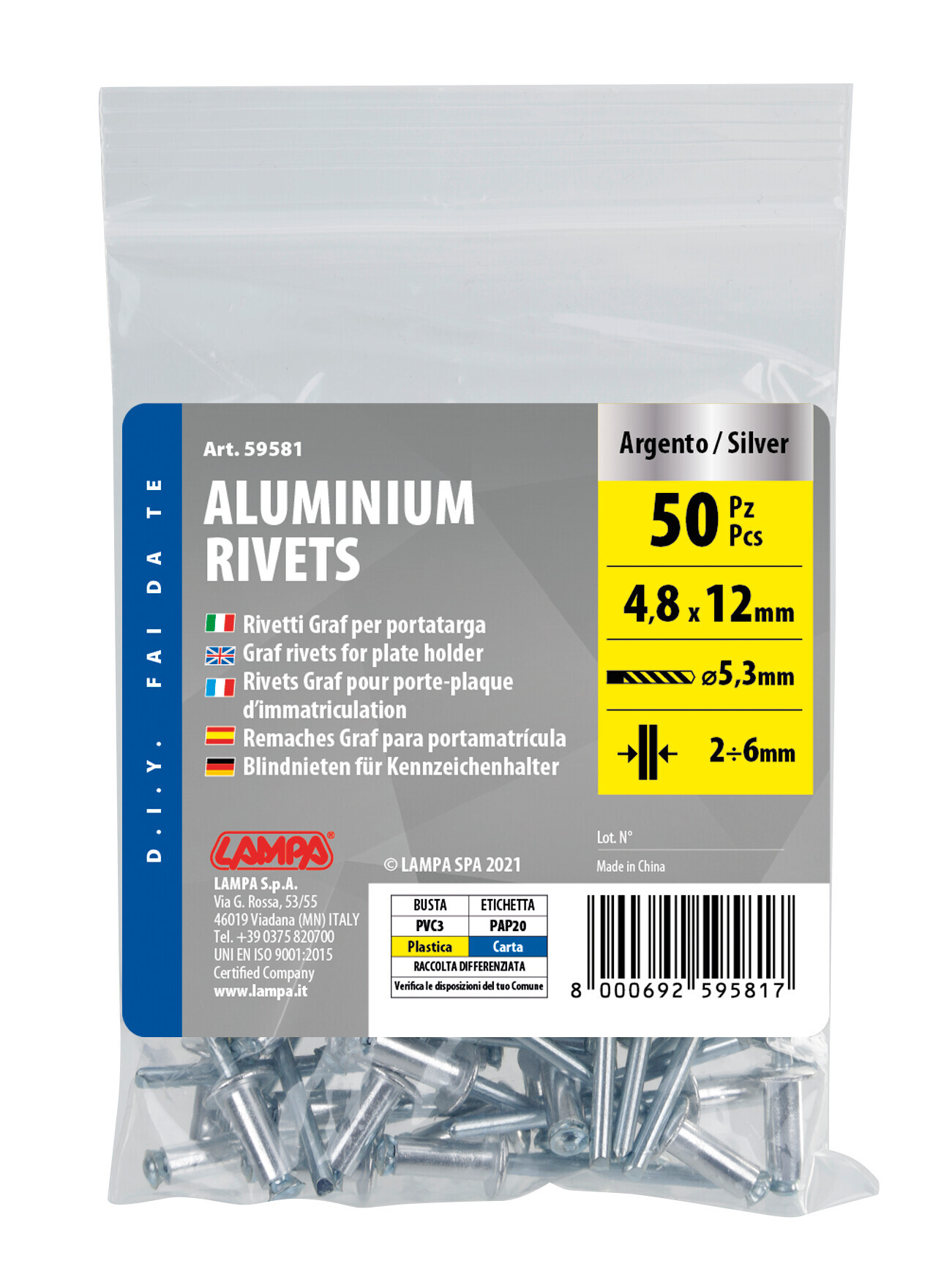 Aluminium Rivets, set 50 rivetti Graf per portatarga - Argento - immagine 5