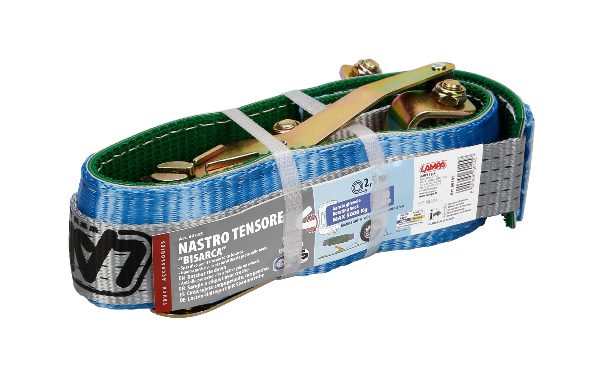 Nastro tensore con cricchetto per bisarca, gancio girevole - 5000 Kg - 5x250 cm - immagine 7