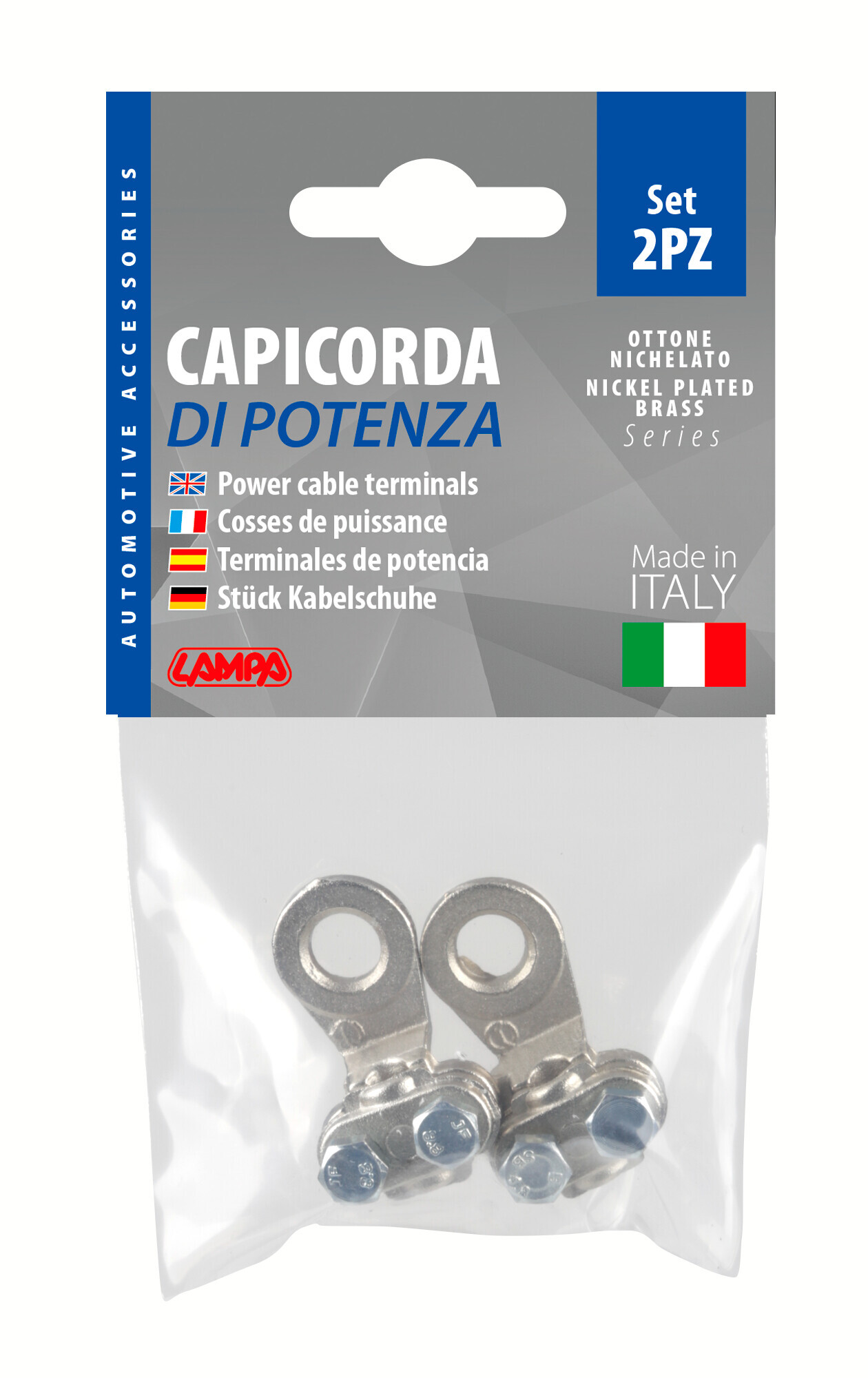 Set 2 pz capicorda di potenza in ottone nichelato, con fissaggio cavo a piastrina - Sezione 16 mm², foro 8 mm - immagine 3