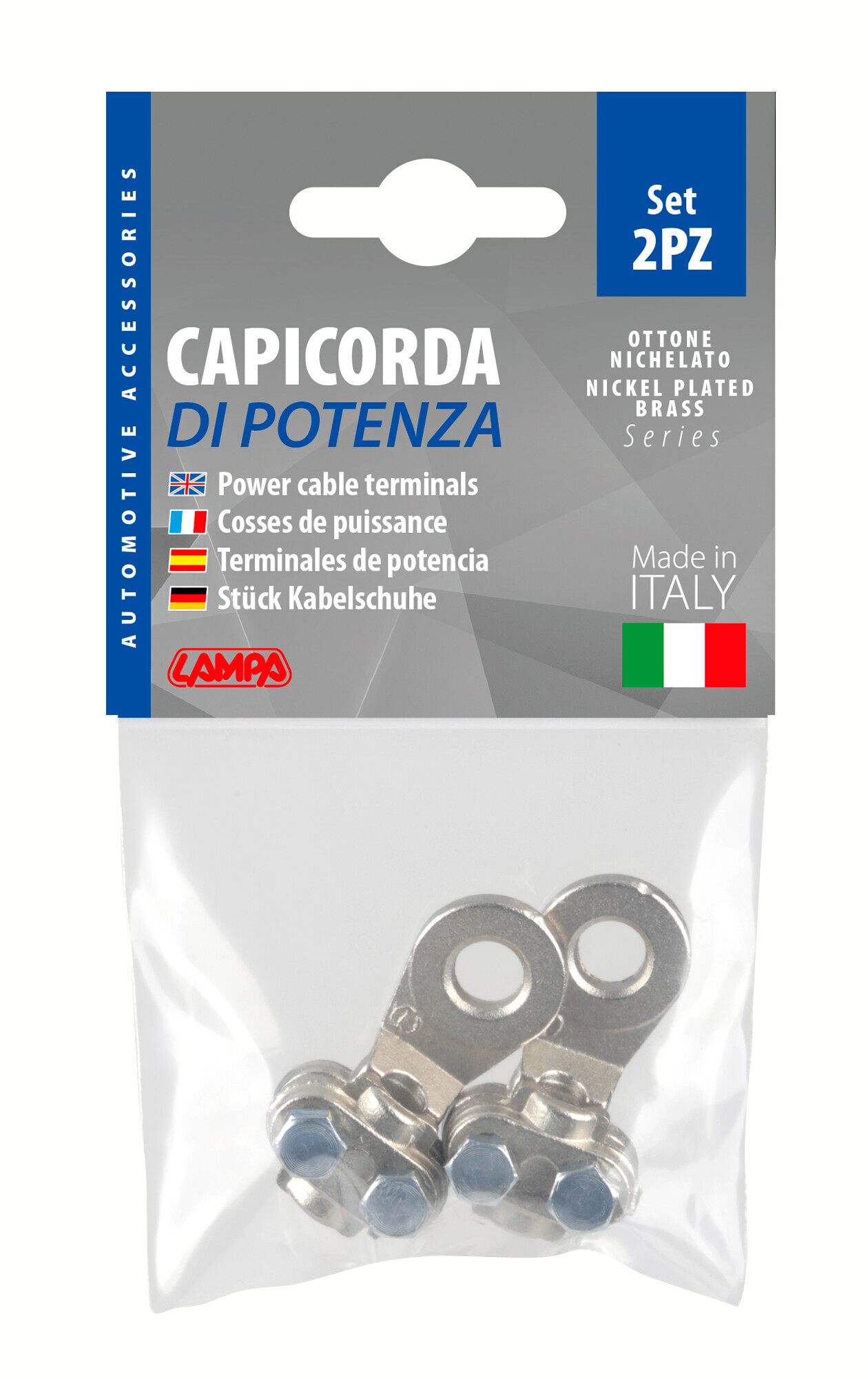 Set 2 pz capicorda di potenza in ottone nichelato, con fissaggio cavo a piastrina - Sezione 25 mm², foro 8 mm - immagine 3