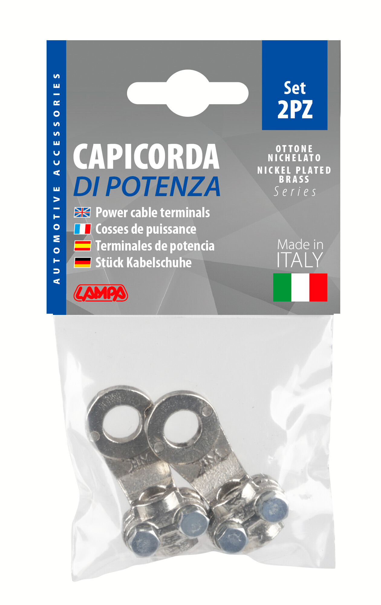Set 2 pz capicorda di potenza in ottone nichelato, con fissaggio cavo a piastrina - Sezione 35 mm², foro 10 mm - immagine 3