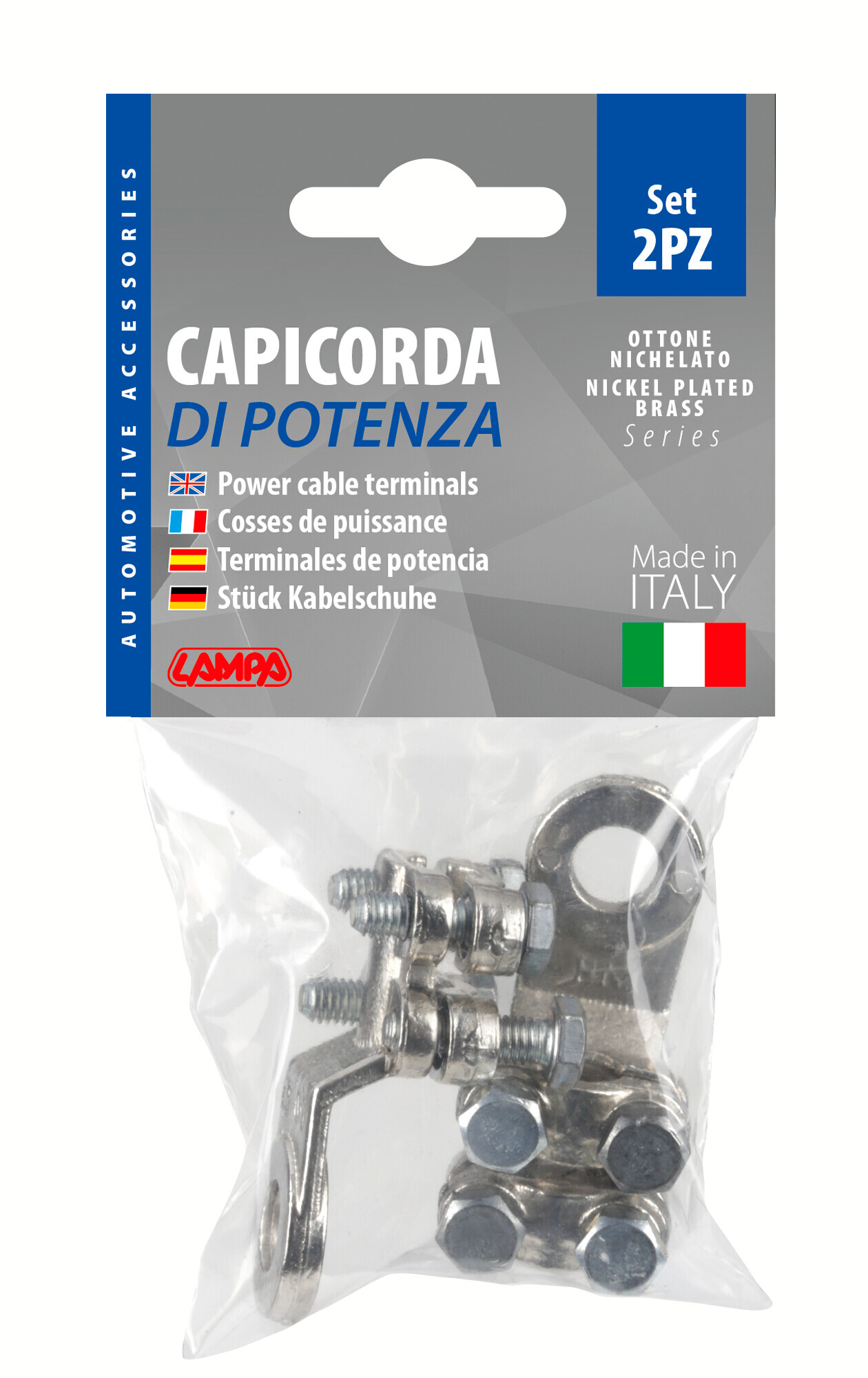 Set 2 pz capicorda di potenza in ottone nichelato, con fissaggio cavo a doppia piastrina - Sezione 50 mm², foro 10 mm - immagine 3