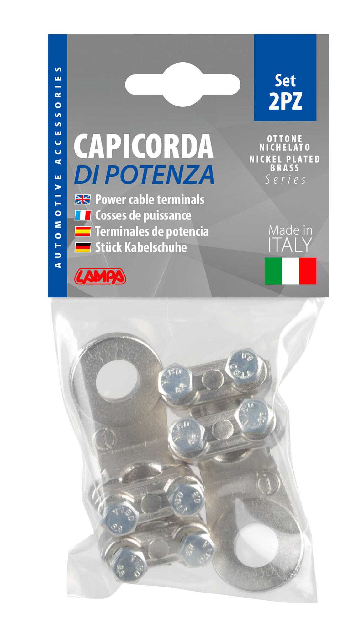Set 2 pz capicorda di potenza in ottone nichelato, con fissaggio cavo a doppia piastrina - Sezione 70 mm², foro 12 mm - immagine 3