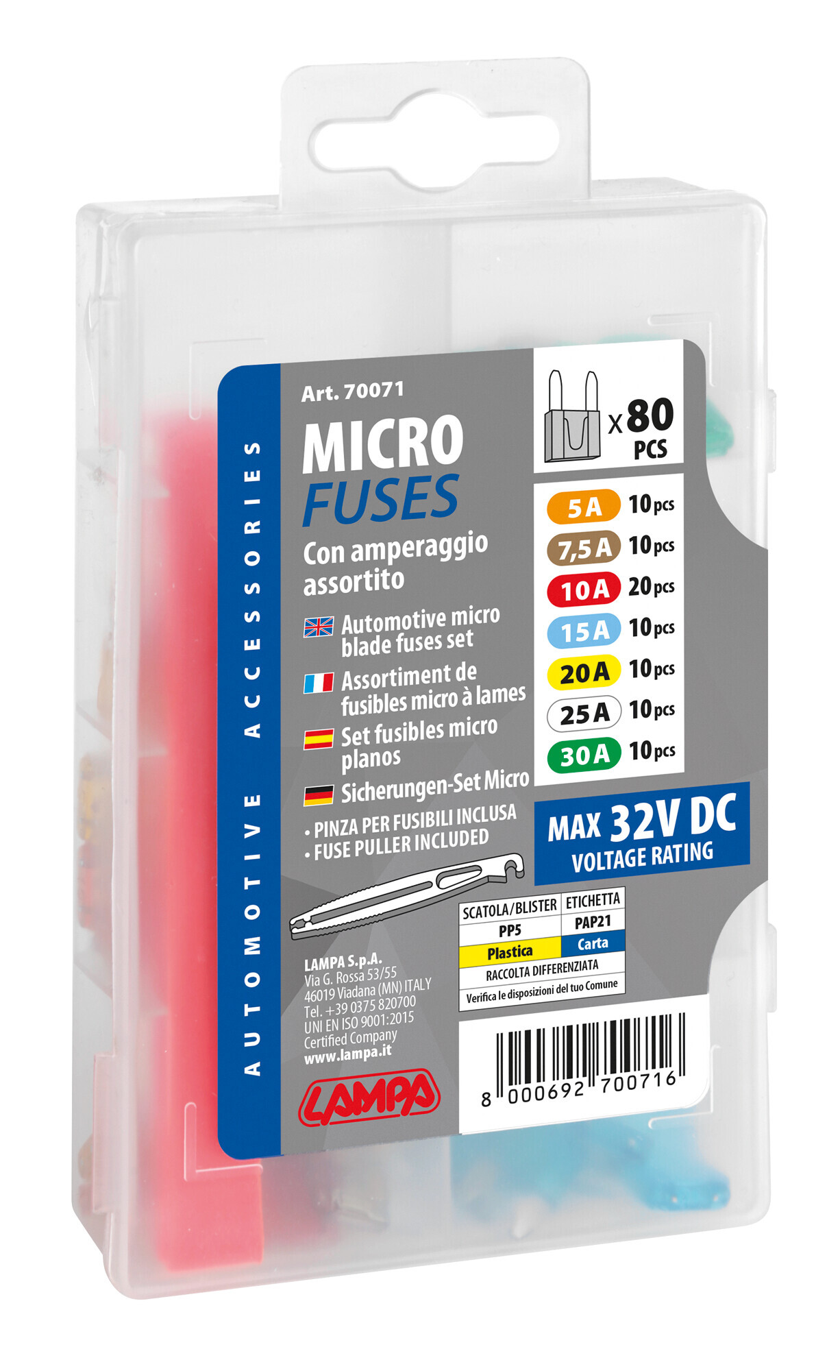 Set 80 micro-fusibili lamellari assortiti, 12/32V - immagine 3