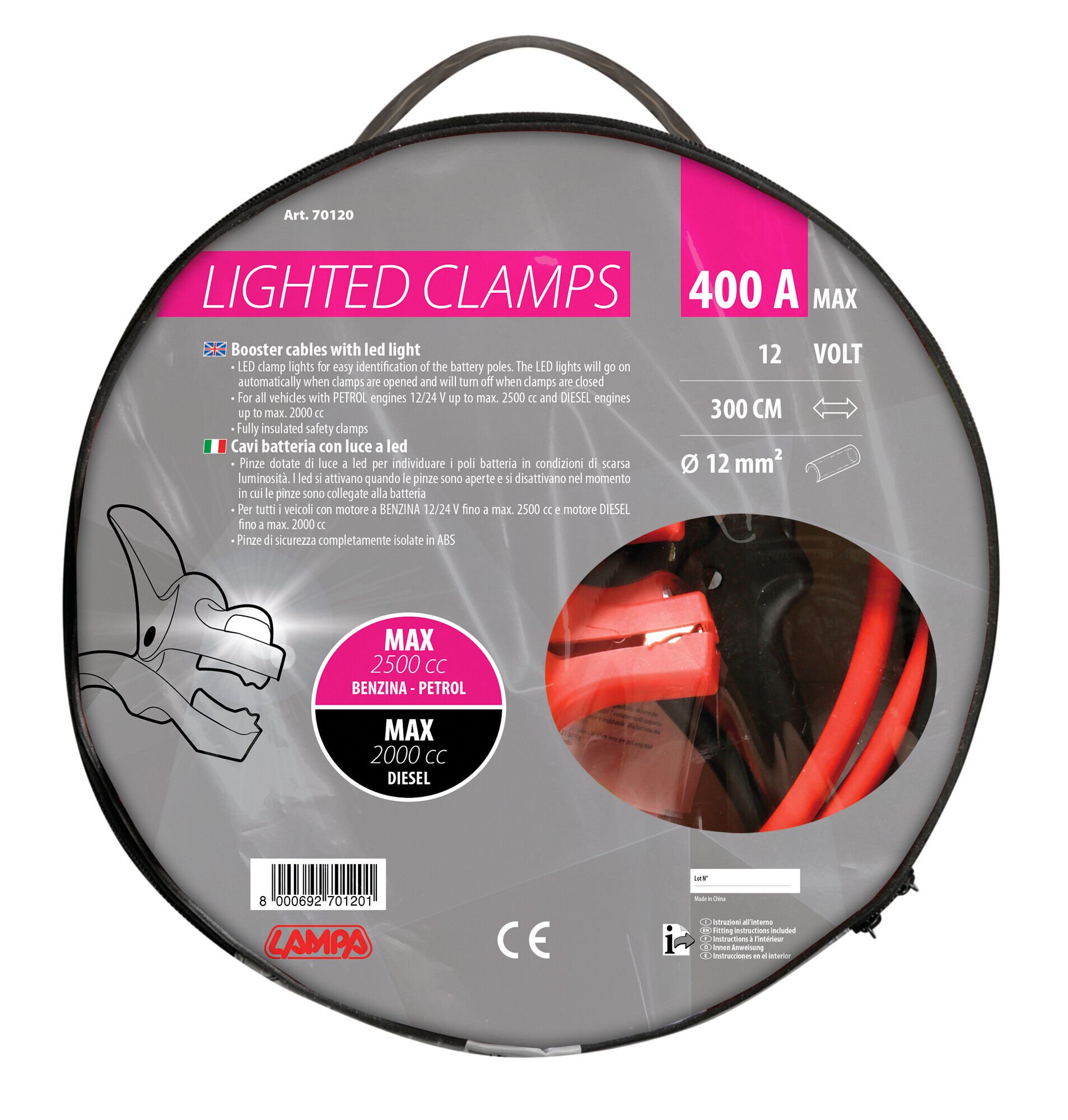 Cavi batteria con pinze isolate, 12V - 300 cm - 400 A - 12 mm² - immagine 3
