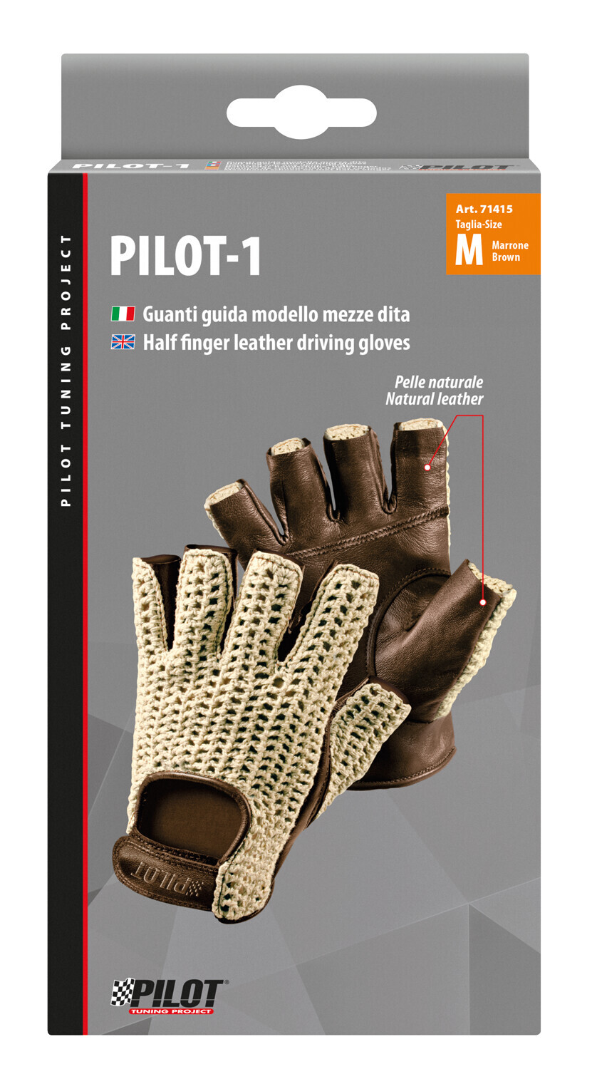 Pilot-1, guanti guida mezze dita - M - Marrone - immagine 2