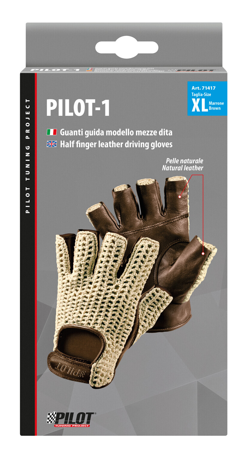 Pilot-1, guanti guida mezze dita - XL - Marrone - immagine 2