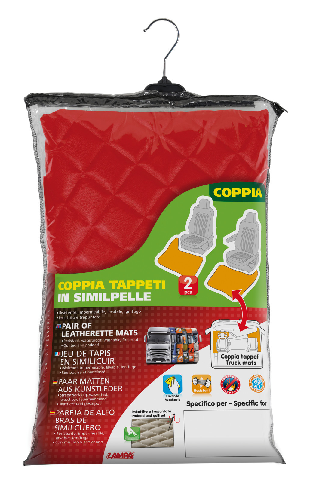 Coppia tappeti in Skeentex - Rosso - compatibile per Mercedes Actros MP4 (09/11>09/19) cabina larga, sedile pass. pieghevole, tunnel - Mercedes Actros MP5 (10/19>) cabina larga, sedile pass. pieghevole, tunnel - Mercedes Actros MP5 L (11/21>) cabina larga, sedile pass. pieghevole, tunnel - immagine 2