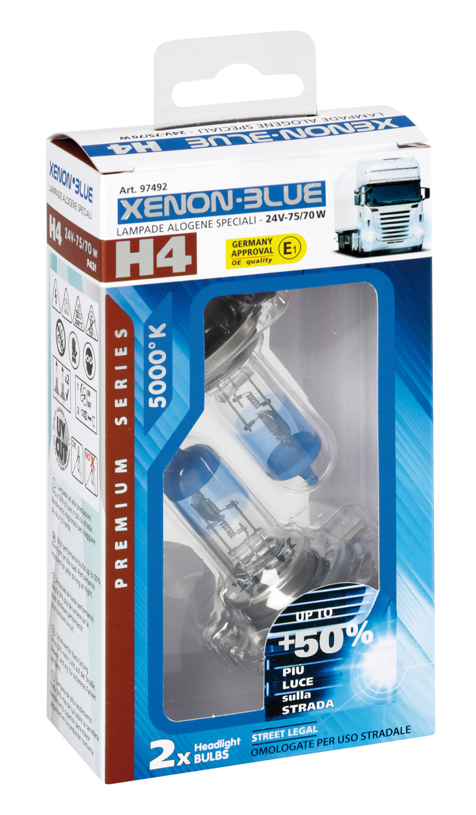 24V Lampada alogena Xenon Blue +50% luce - H4 - 75/70W - P43t - 2 pz - Scatola - immagine 4