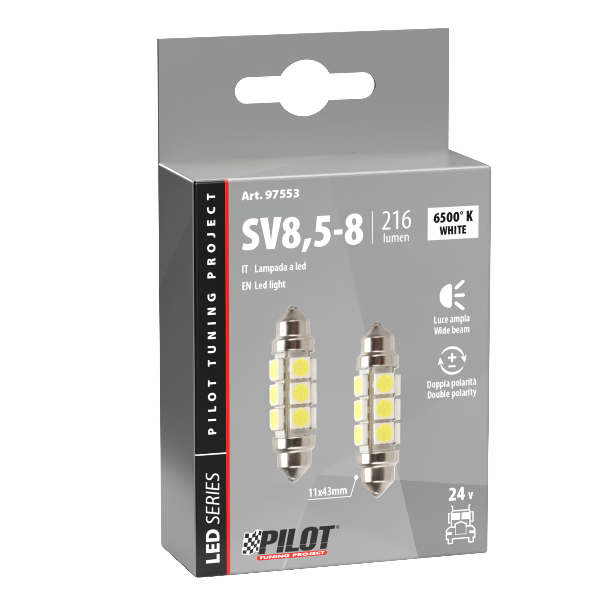 24/28V Led Series - 12 Led SMD - 11x43 mm - SV8,5-8 - 2 pz - Scatola - Bianco - Doppia polarità - immagine 4