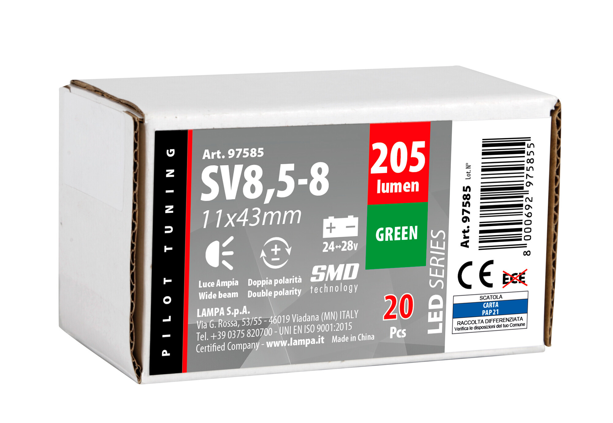 24/28V Led Series - 12 Led SMD - 11x43 mm - SV8,5-8 - 20 pz - Scatola - Verde - Doppia polarità - immagine 4