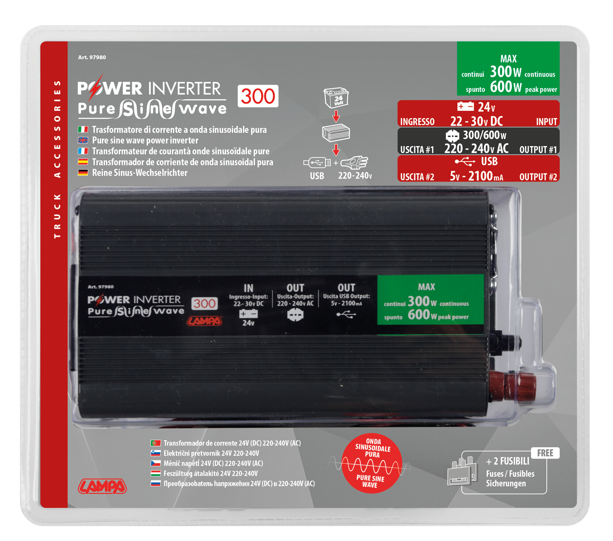 Power Inverter PSW300, trasformatore a onda sinusoidale pura 24V > 230V - immagine 7