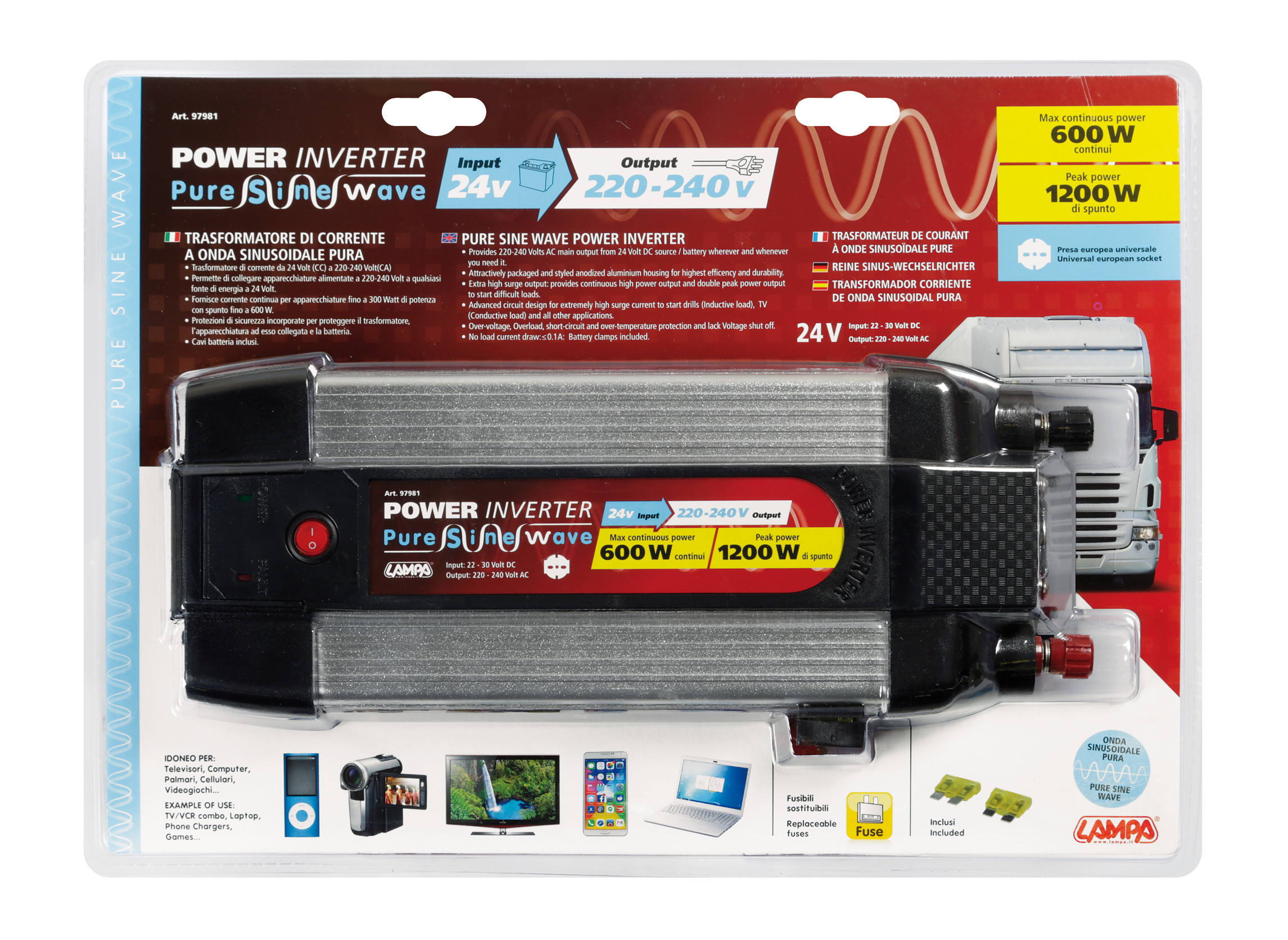Power Inverter PSW600, trasformatore a onda sinusoidale pura 24V > 230V - immagine 9