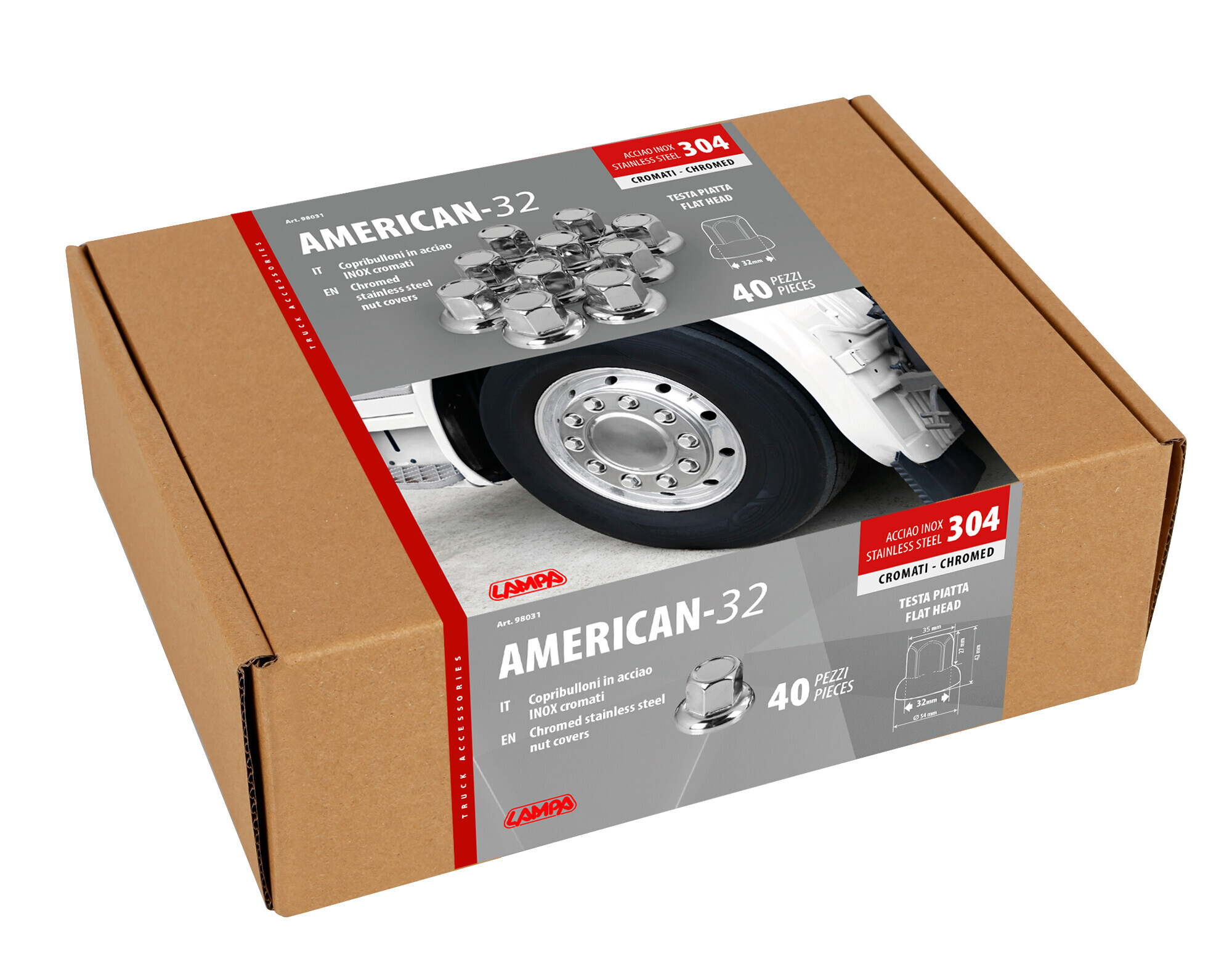 American, Set 40 copribulloni testa piatta in acciaio inox - Ø 32 mm - Cromo - immagine 4