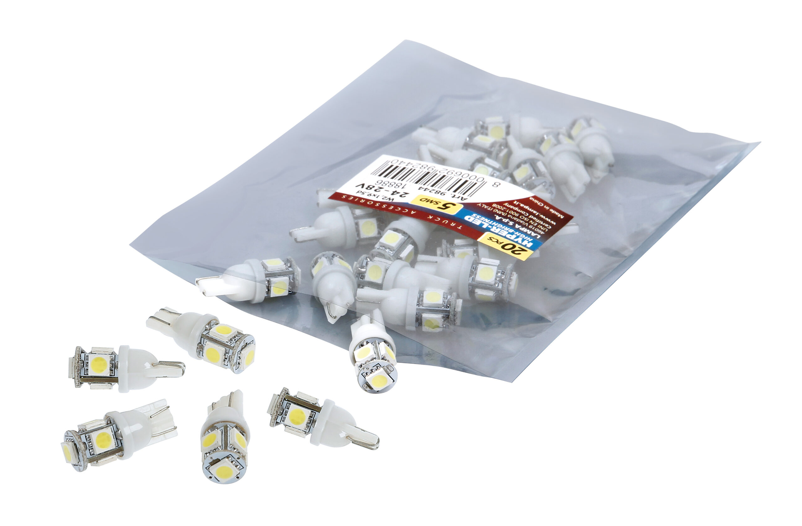 24/28V Hyper-Led 15 - 5 SMD x 3 chips - (T10) - W2,1x9,5d - 20 pz - Scatola - Bianco - Doppia polarità - immagine 5
