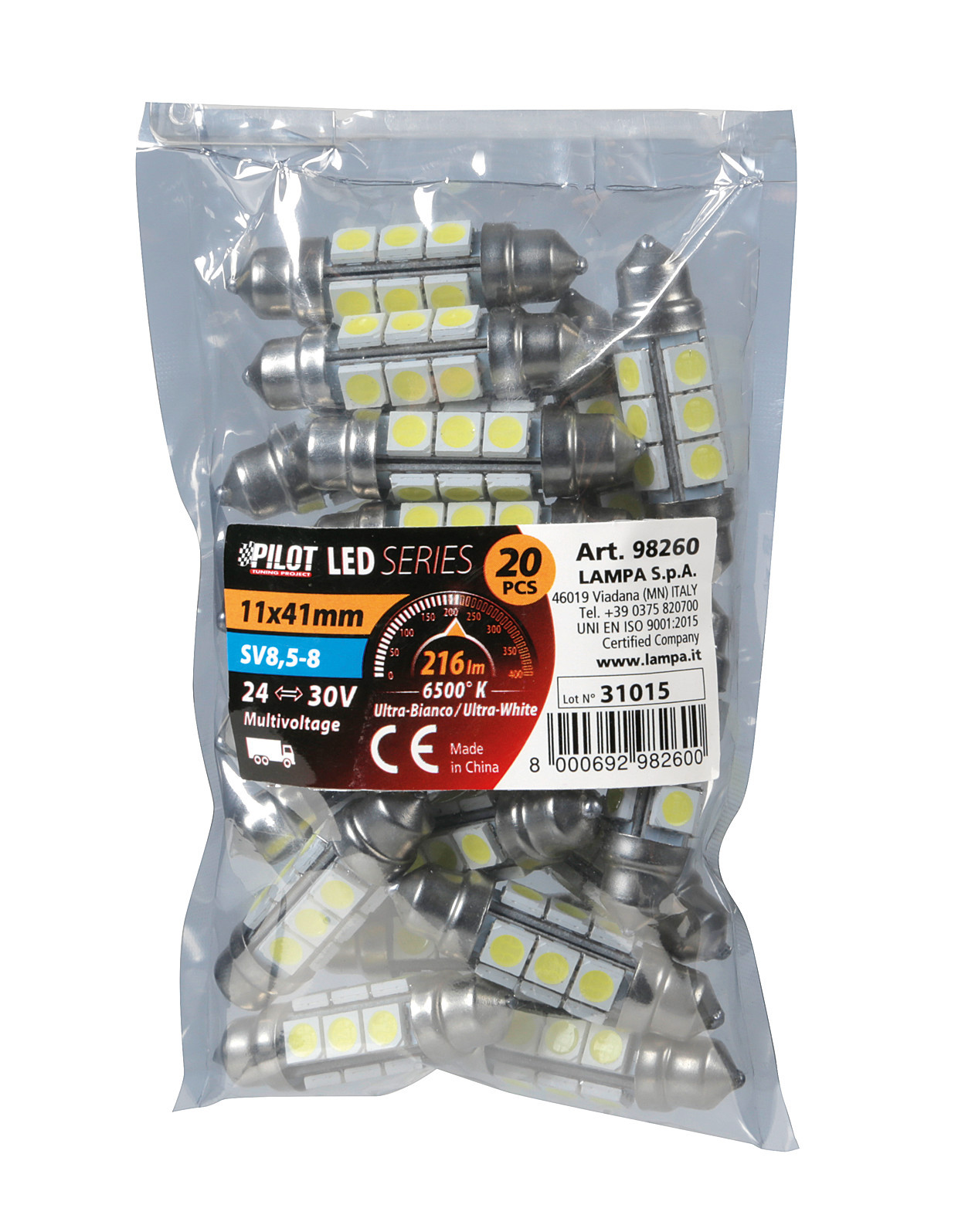 24/30V Led Series - 12 SMD x 3 chips - 11x41 mm - SV8,5-8 - 20 pz - Busta - Bianco - Doppia polarità - immagine 4