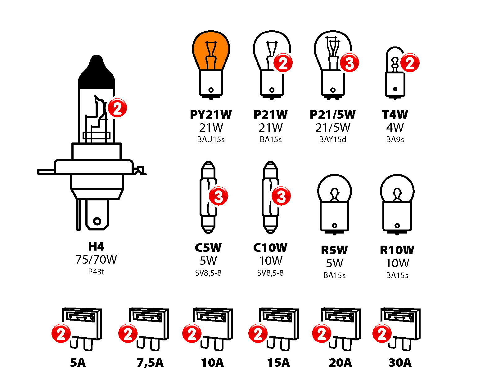 Kit lampade di ricambio 30 pz, alogena 2xH4 - 24V - immagine 2