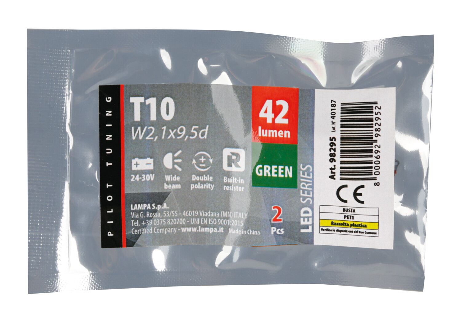 24/30V Led series - 6 Led SMD - (T10) - W2,1x9,5d - 2 pz - Busta - Verde - Doppia polarità - Resistenza incorporata - immagine 4