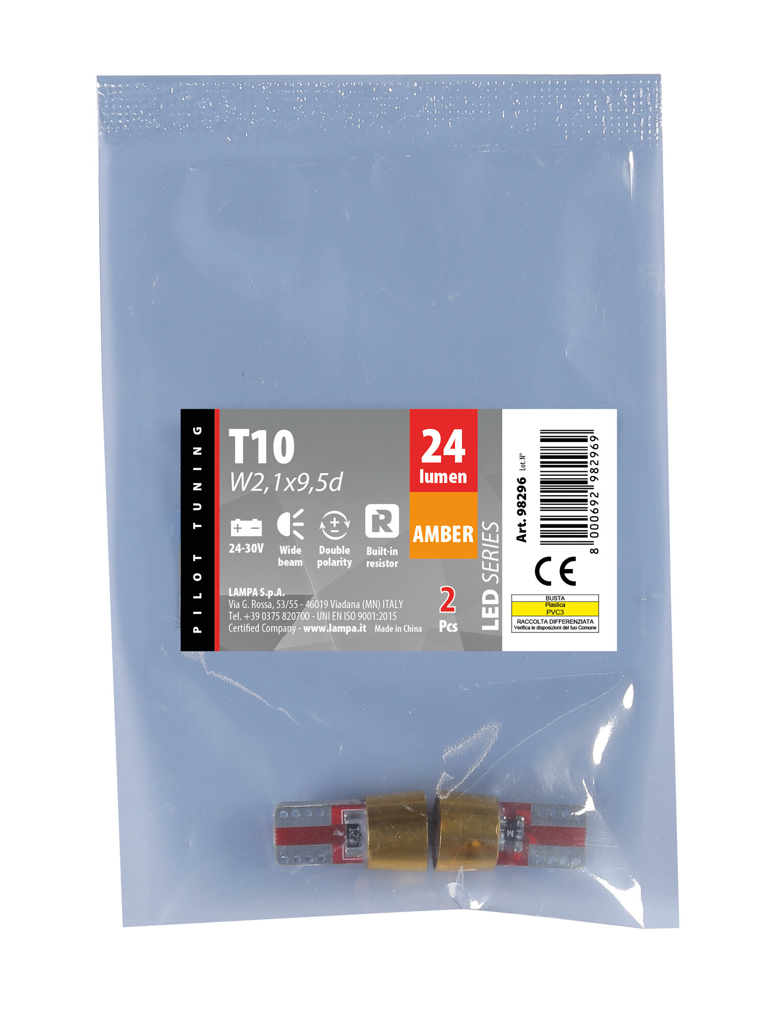 24/30V Led series - 6 Led SMD - (T10) - W2,1x9,5d - 2 pz - Busta - Arancio - Doppia polarità - Resistenza incorporata - immagine 4