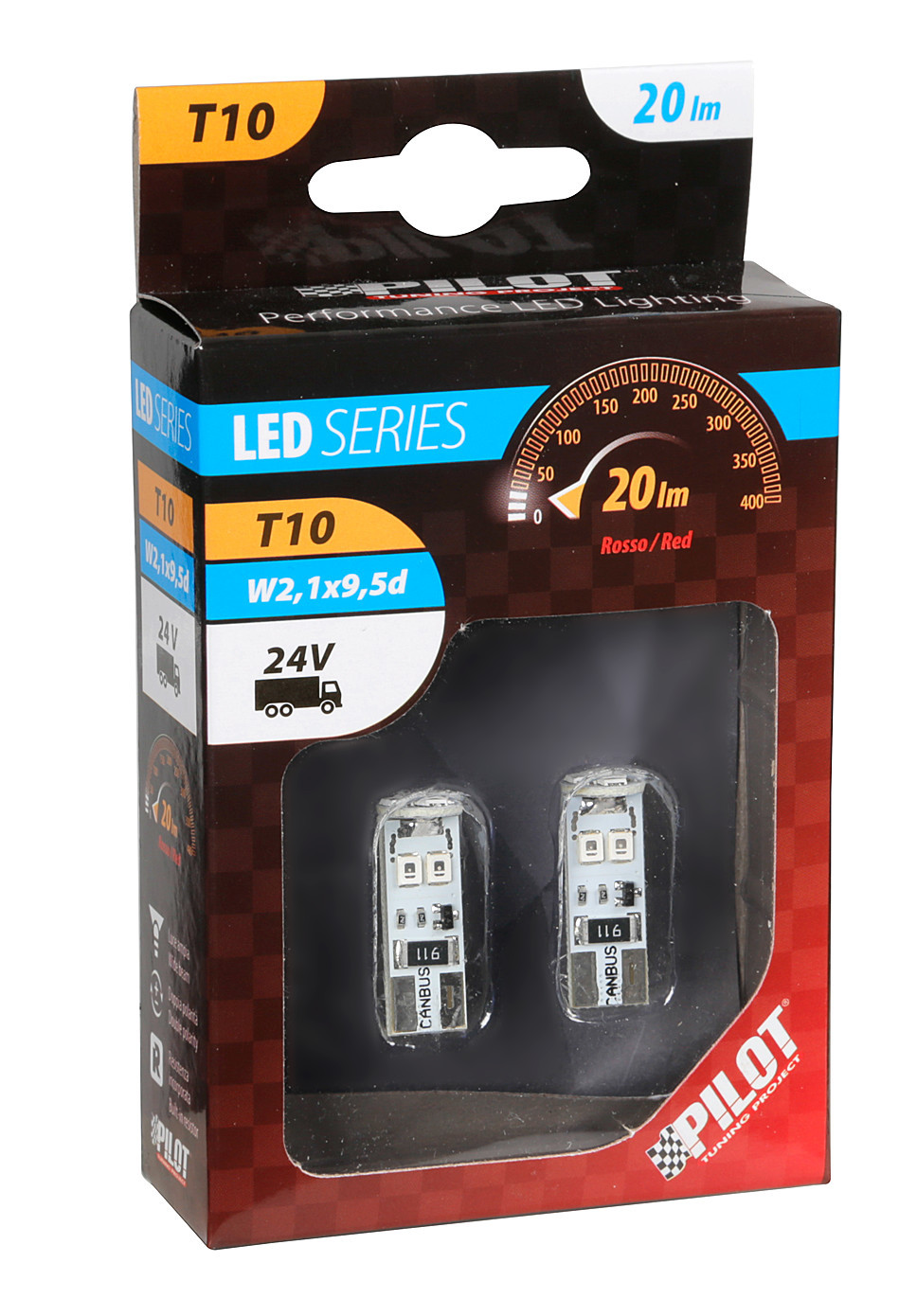 24V Hyper-Led 24 - 8 SMD x 3 chips - (T10) - Trifocus - W2,1x9,5d - 2 pz - Scatola - Rosso - Doppia polarità - Resistenza incorporata - immagine 4